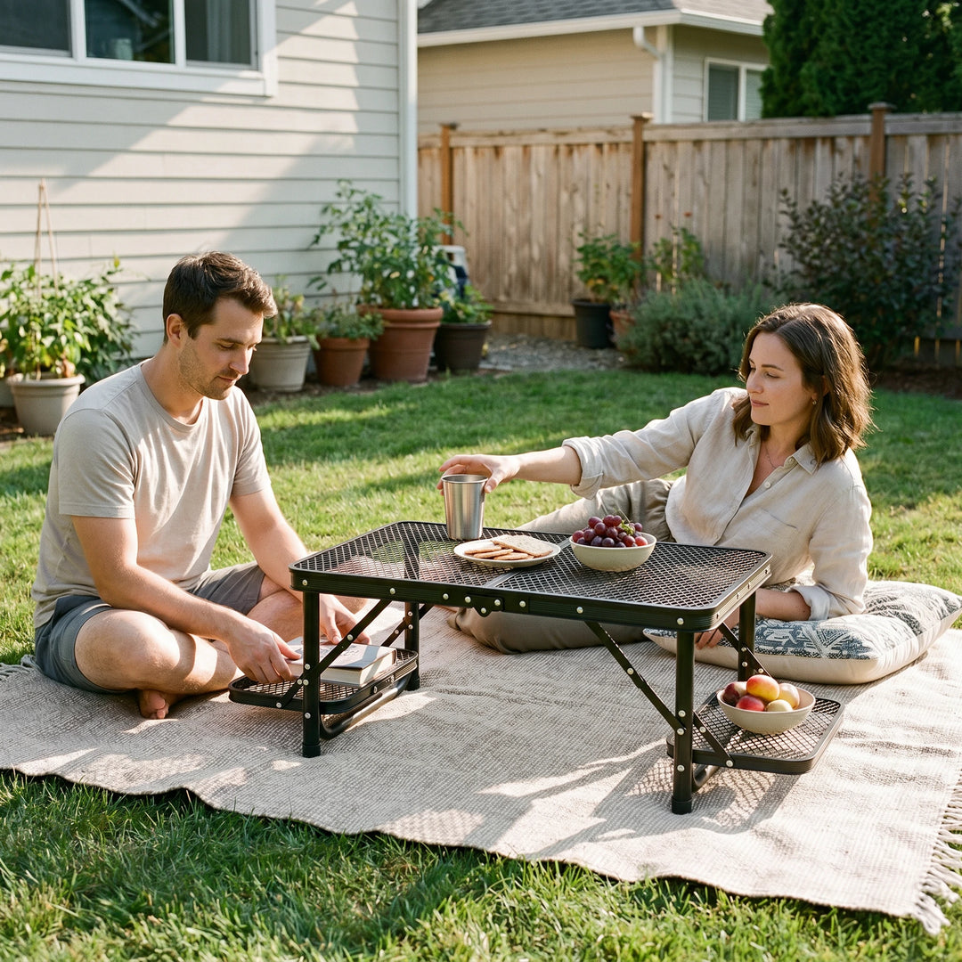 Folding Grill Table with Extra Space, Adjustable Height Portable Small Stand Table for Outdoor Indoor Camping Picnic BBQ, Black with Side Table