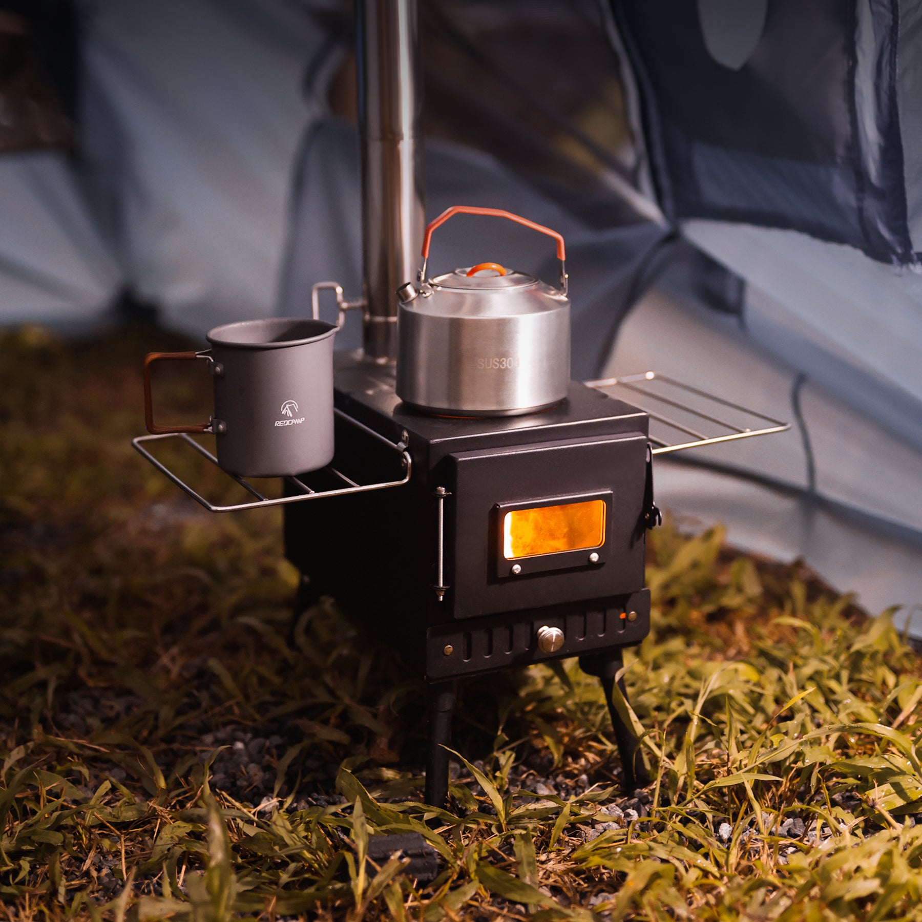 Hot Tent Stove with 6-Section Chimney & Dual Side Racks