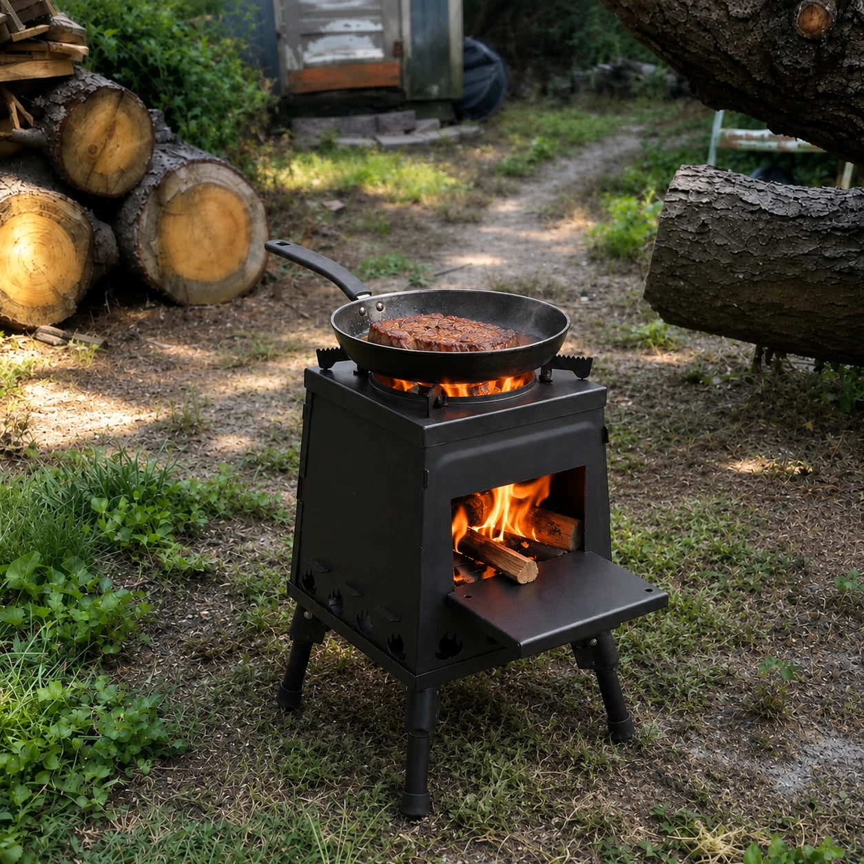 Wood burning camping stove cooking with a kettle at an outdoor campsite