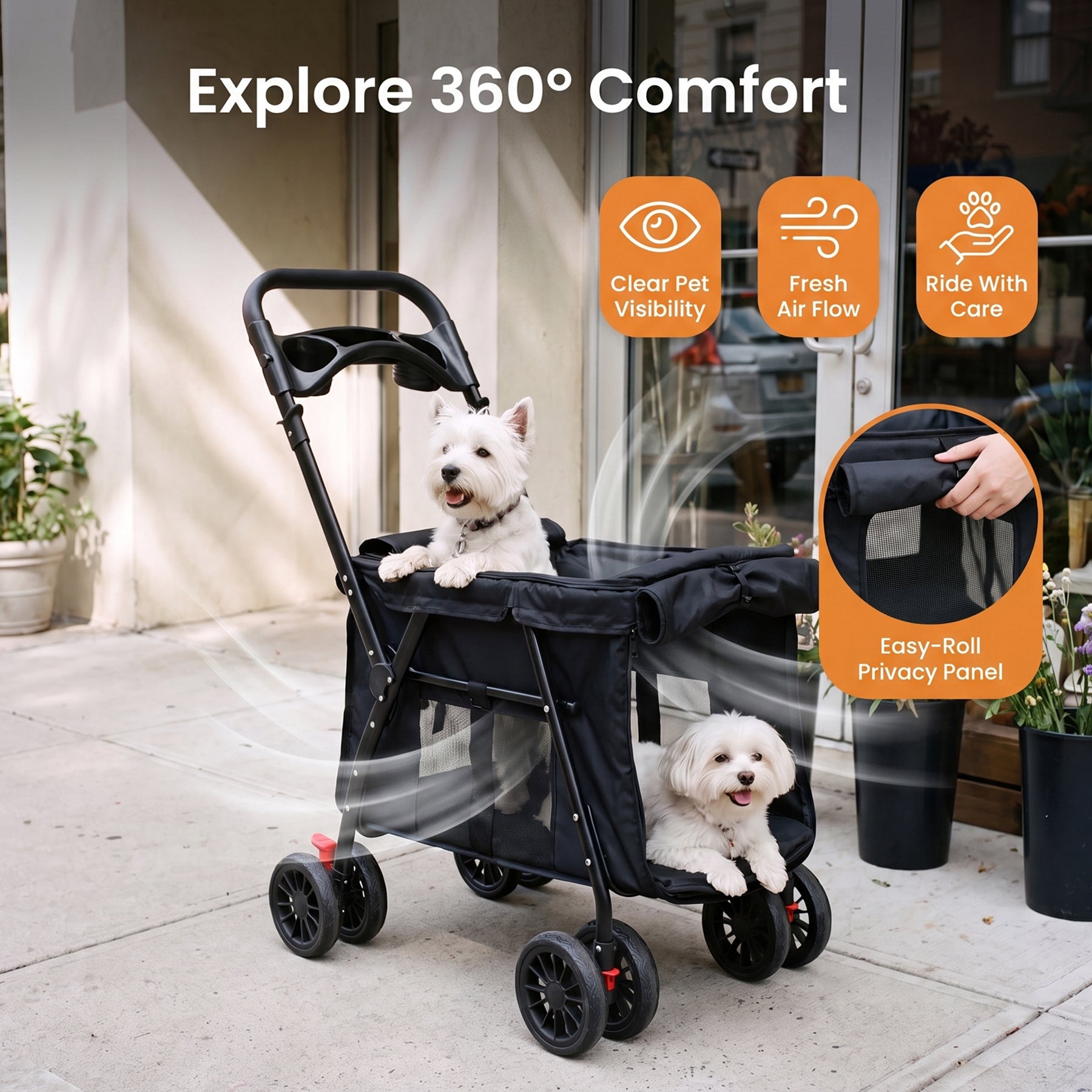 Folding Dog Stroller for 2 Small Dogs – Black
