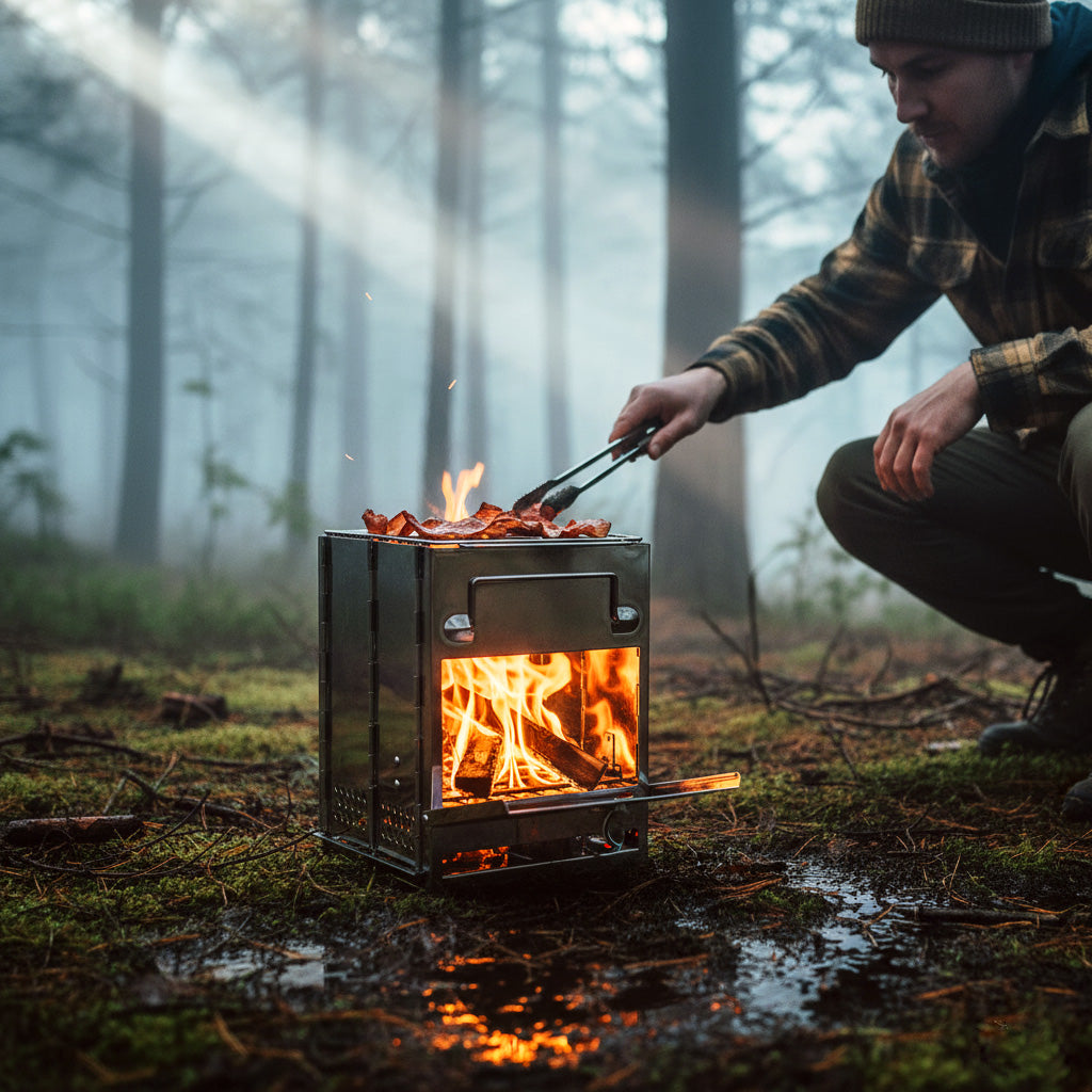 Réchaud de camping pliable à bois avec support pour casserole