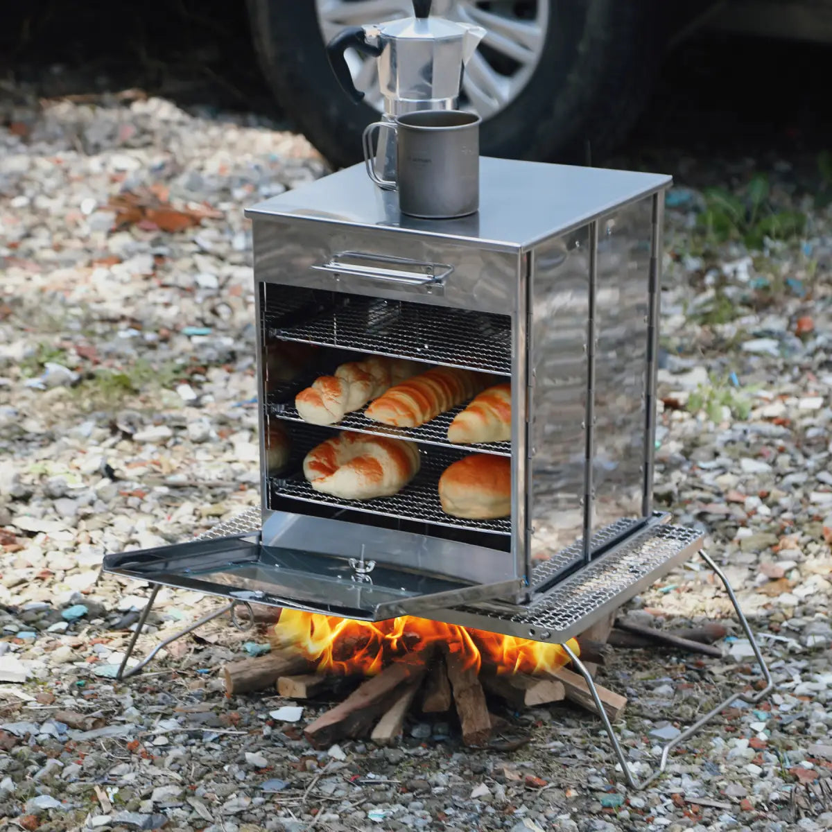 Fast fold Camp Oven Stove with 3 Grills