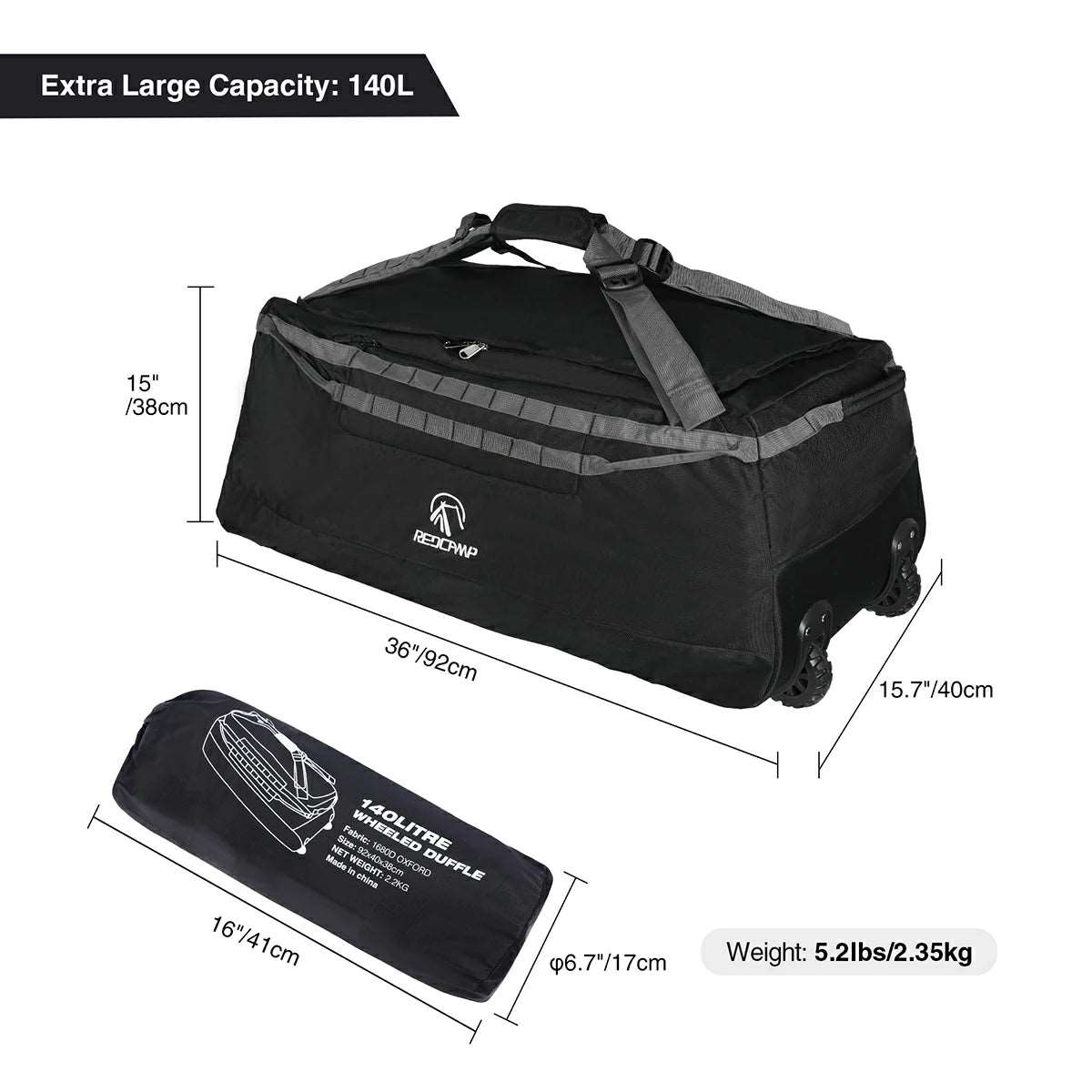 Foldable Duffle Bag with Wheels and Backpack Straps 100/120/140L