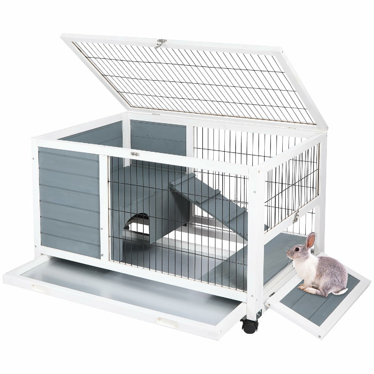 Wooden Rabbit Hutch with Wheels and Openable Roof