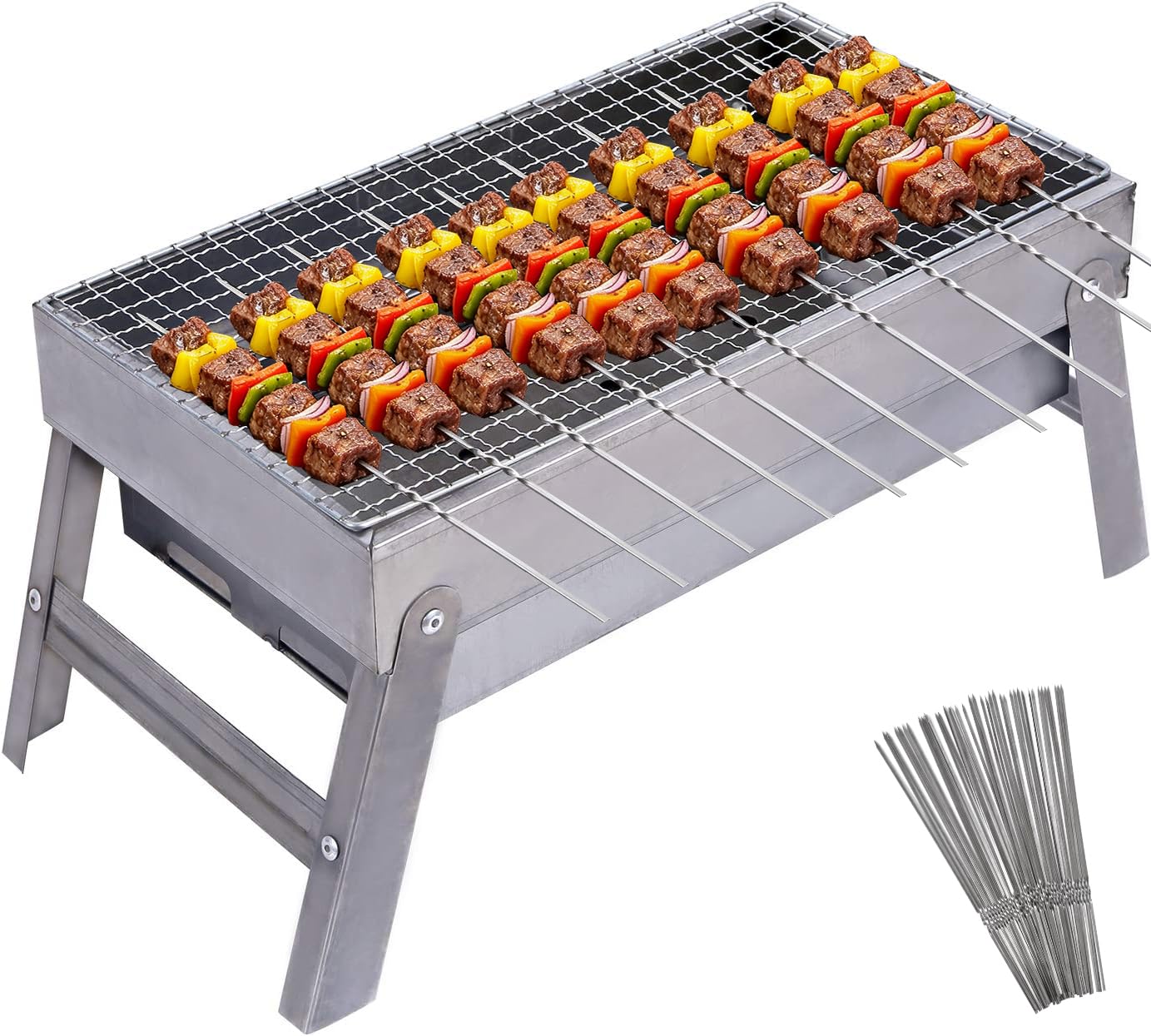 REDCAMP silver portable charcoal grill with 40 metal skewers
