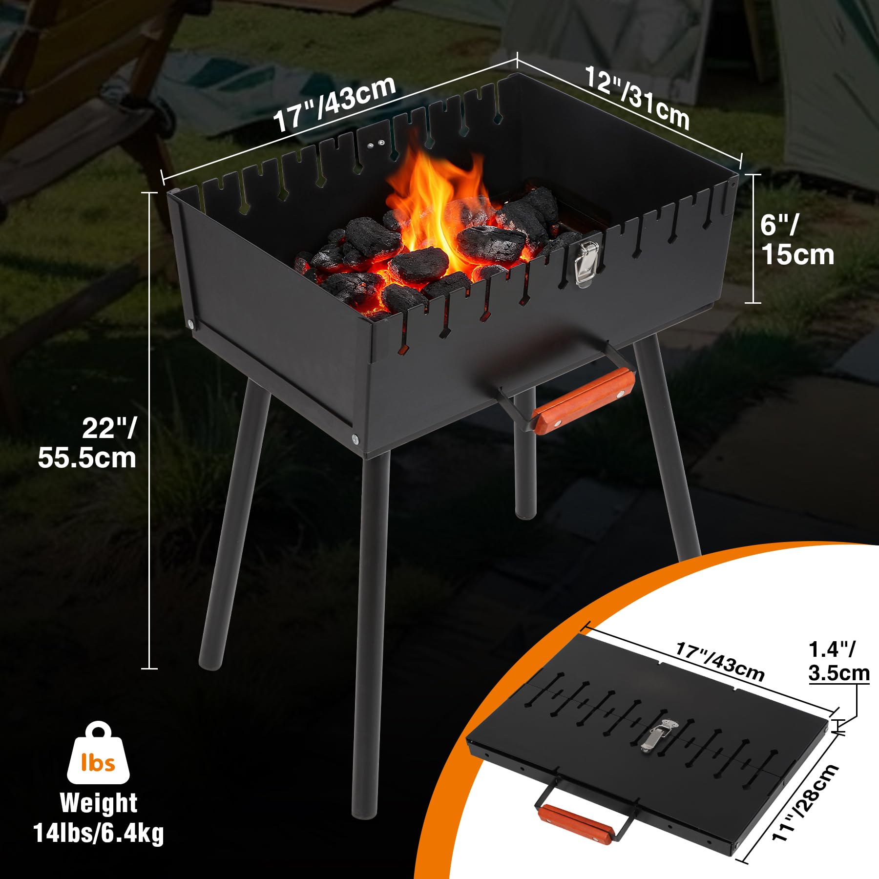 REDCAMP portable charcoal grill with skewers grill dimensions and weight diagram