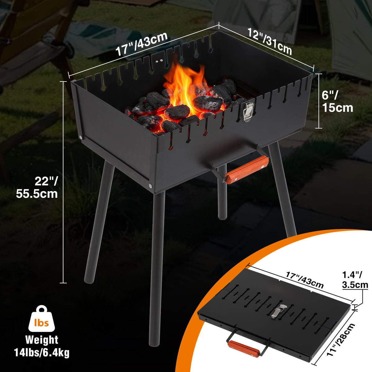 REDCAMP portable charcoal grill with skewers grill dimensions and weight diagram
