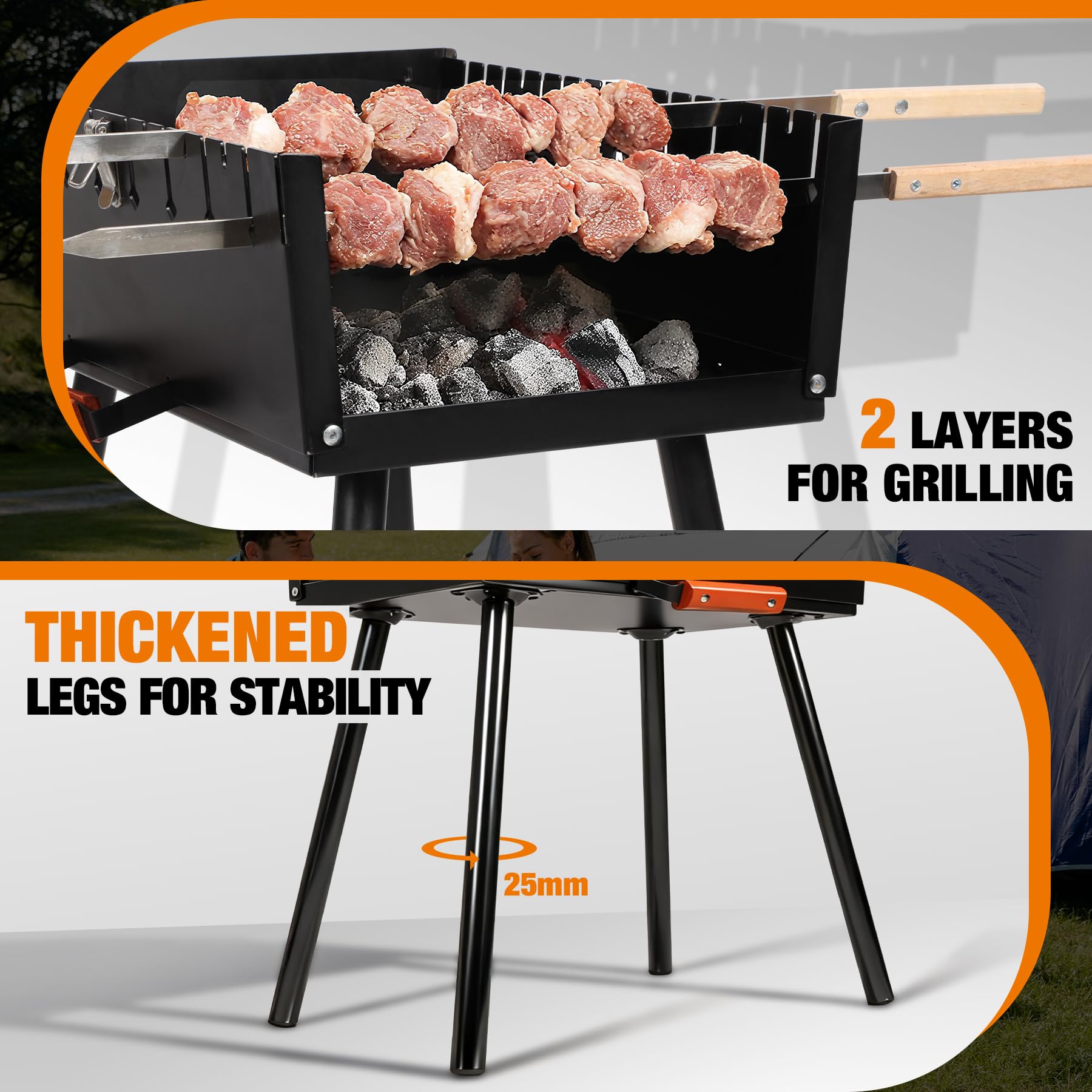 REDCAMP portable charcoal grill with skewers two cooking levels with skewered food