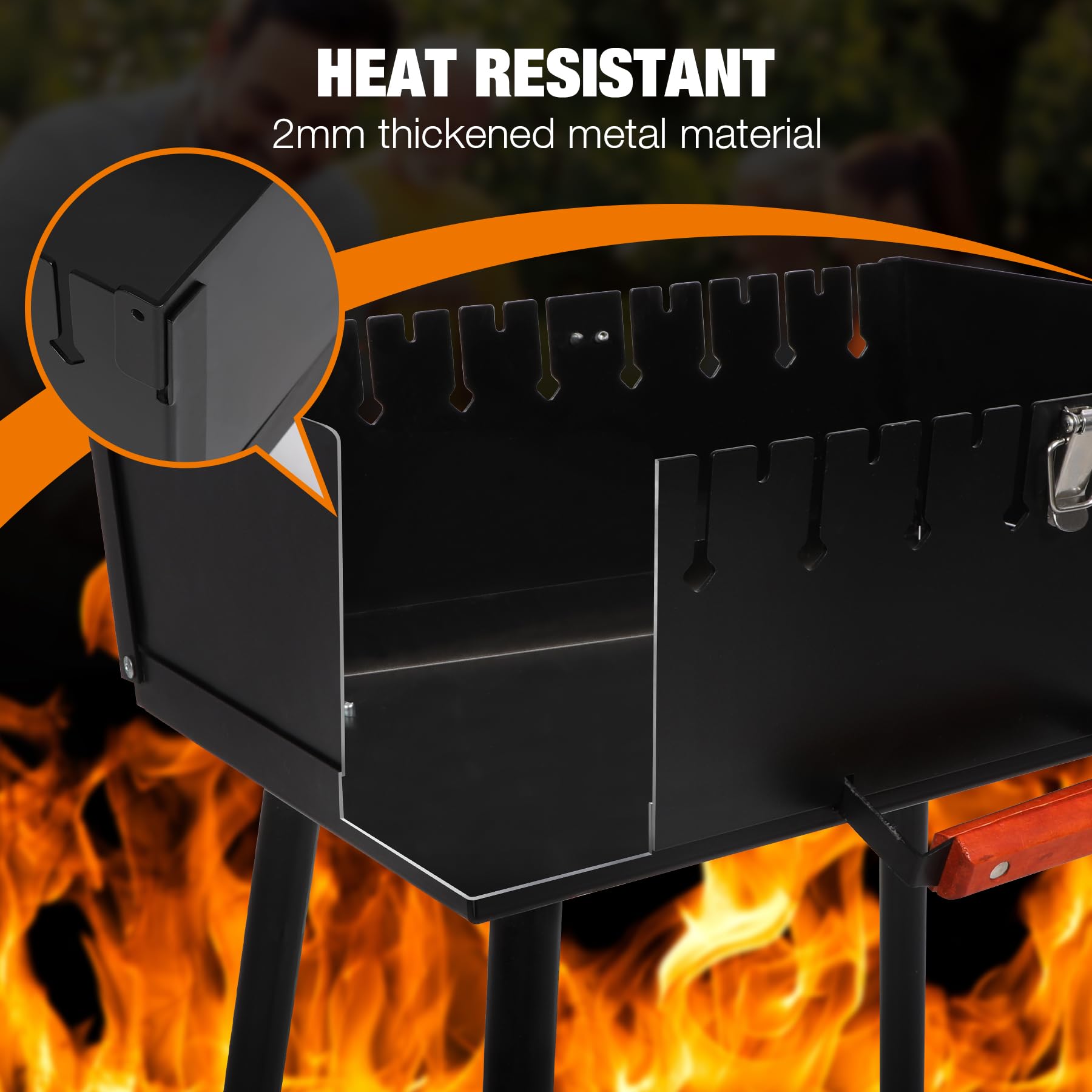 REDCAMP portable charcoal grill with skewers close view of the metal grill material