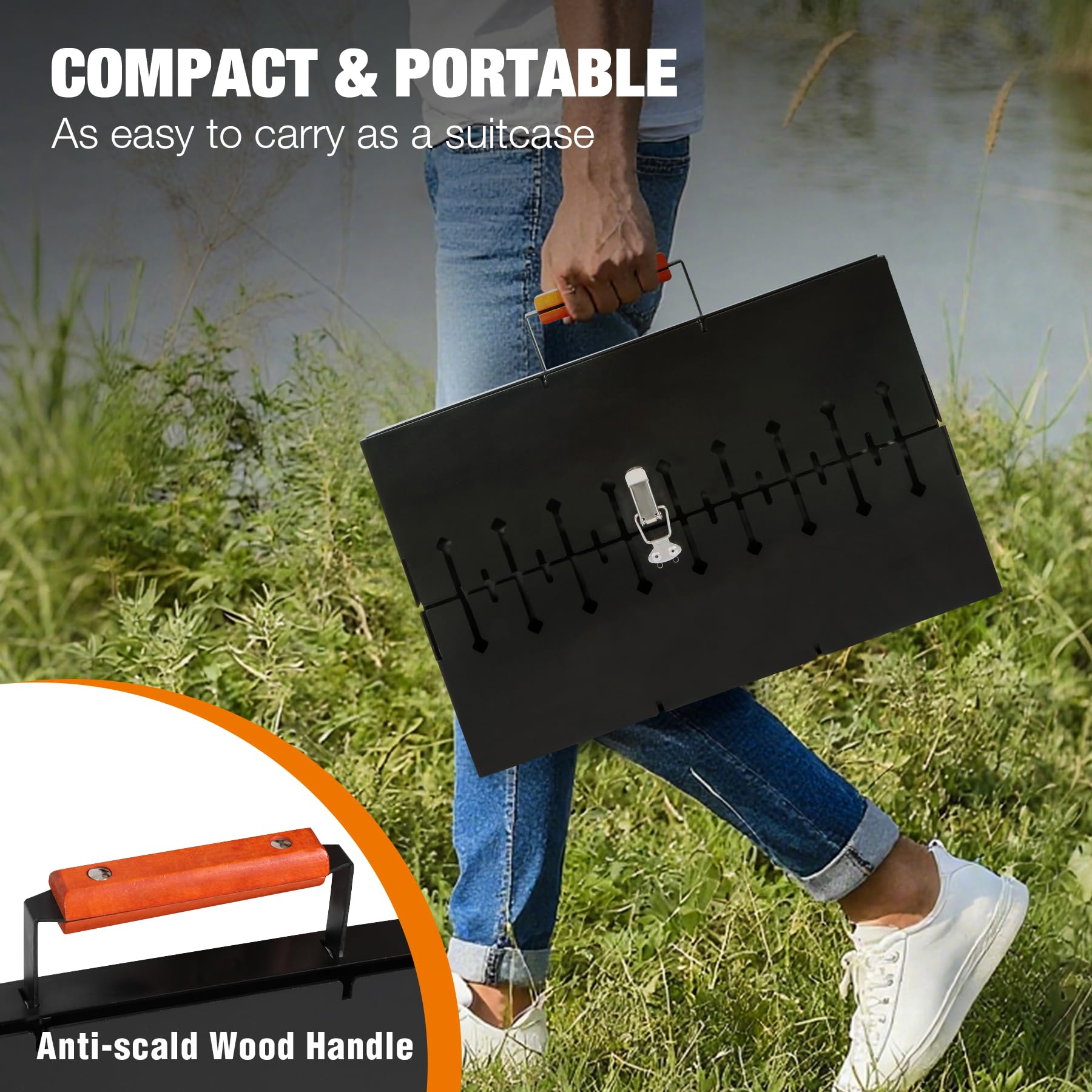 REDCAMP portable charcoal grill with skewers grill carried by its handle