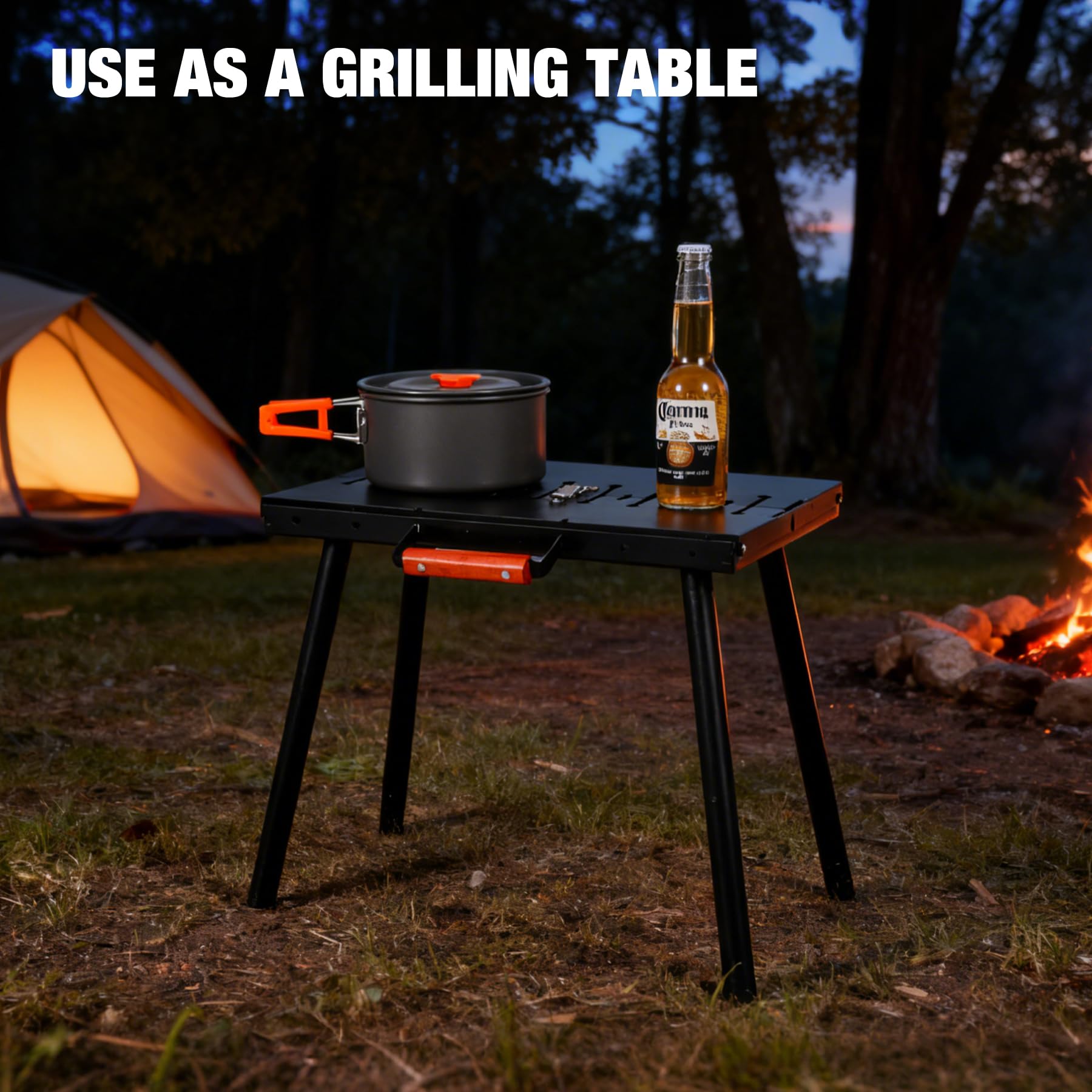 REDCAMP portable charcoal grill with skewers grill used as an outdoor cooking table