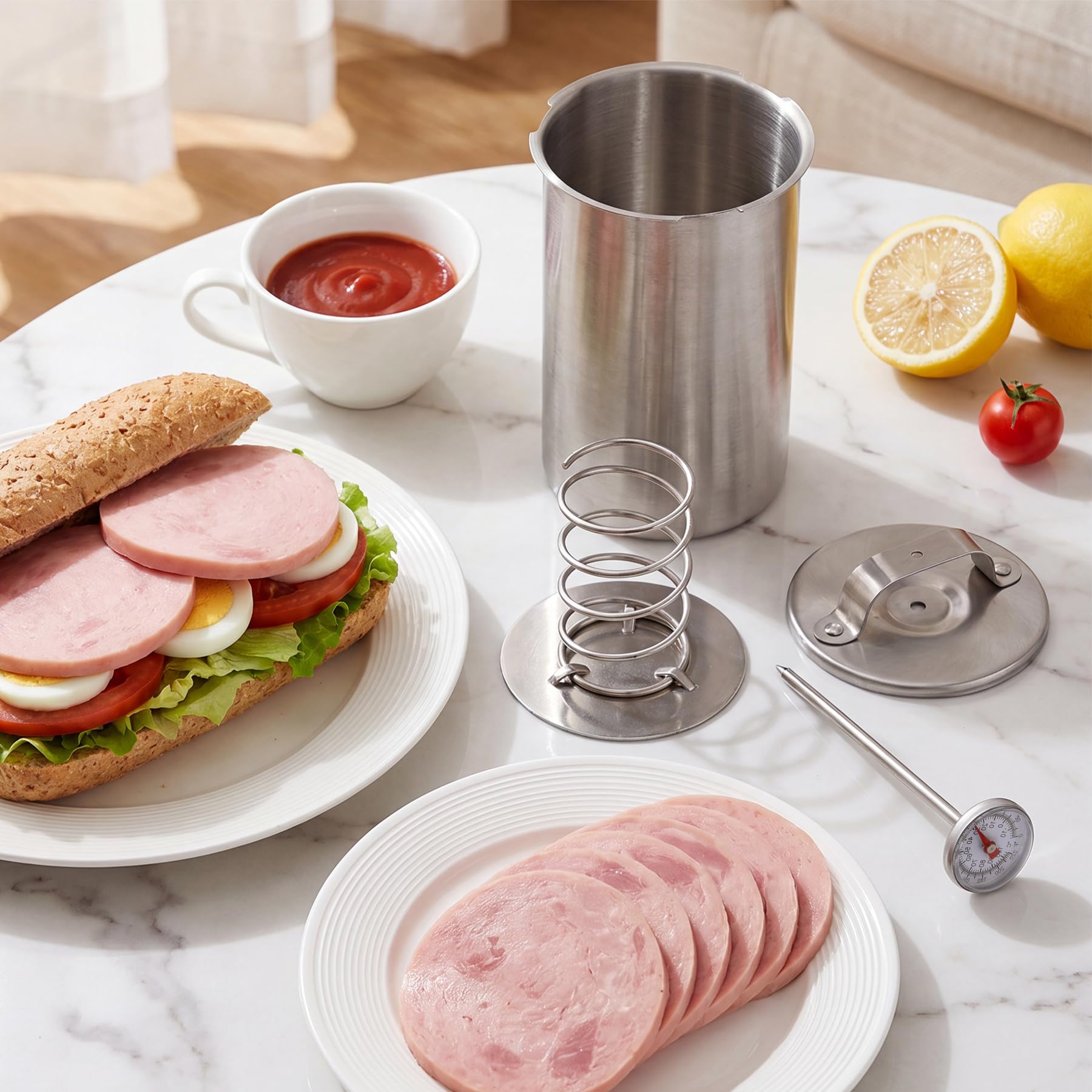 REDCAMP deli meat press components beside sliced lunch meat and a sandwich