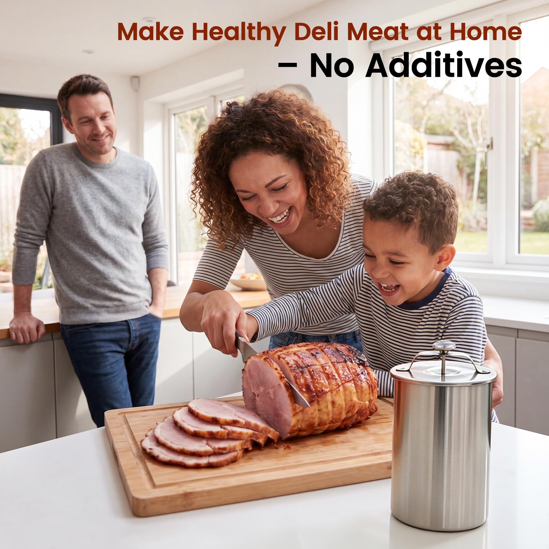 Family slicing homemade ham beside a stainless steel deli meat press