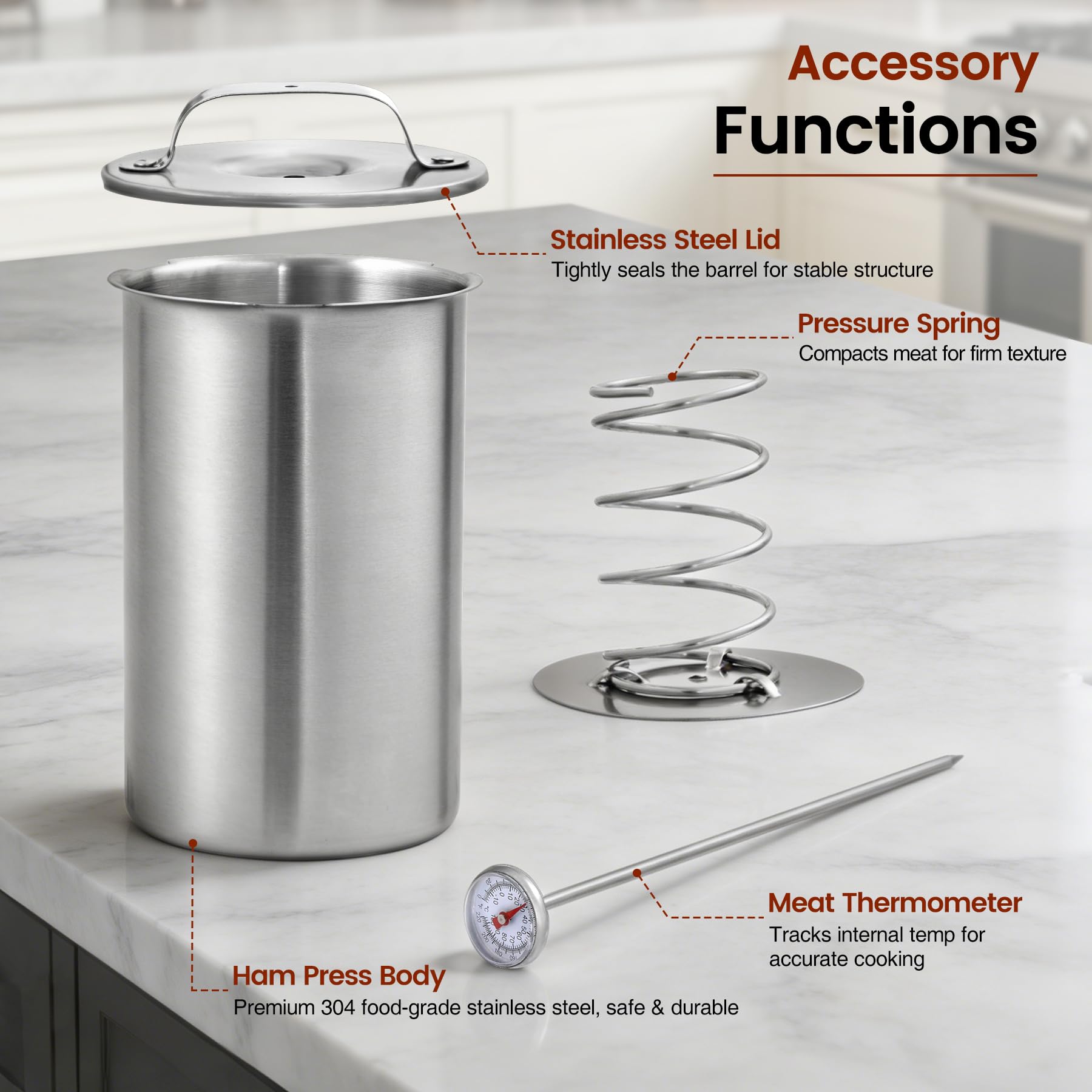 REDCAMP deli meat press body, lid, pressure spring and meat thermometer