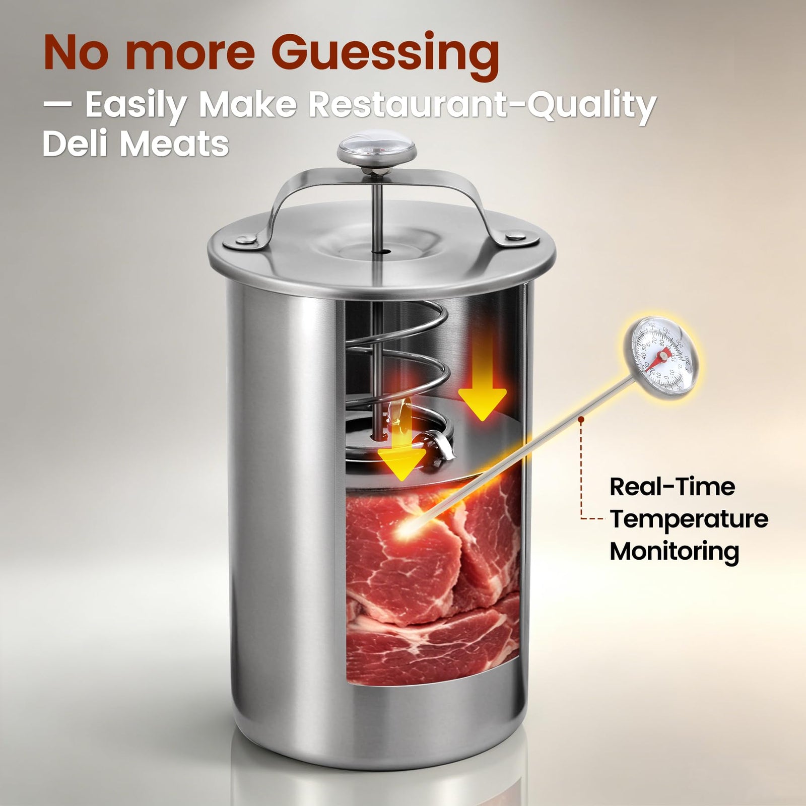 REDCAMP stainless steel deli meat press with inserted meat thermometer