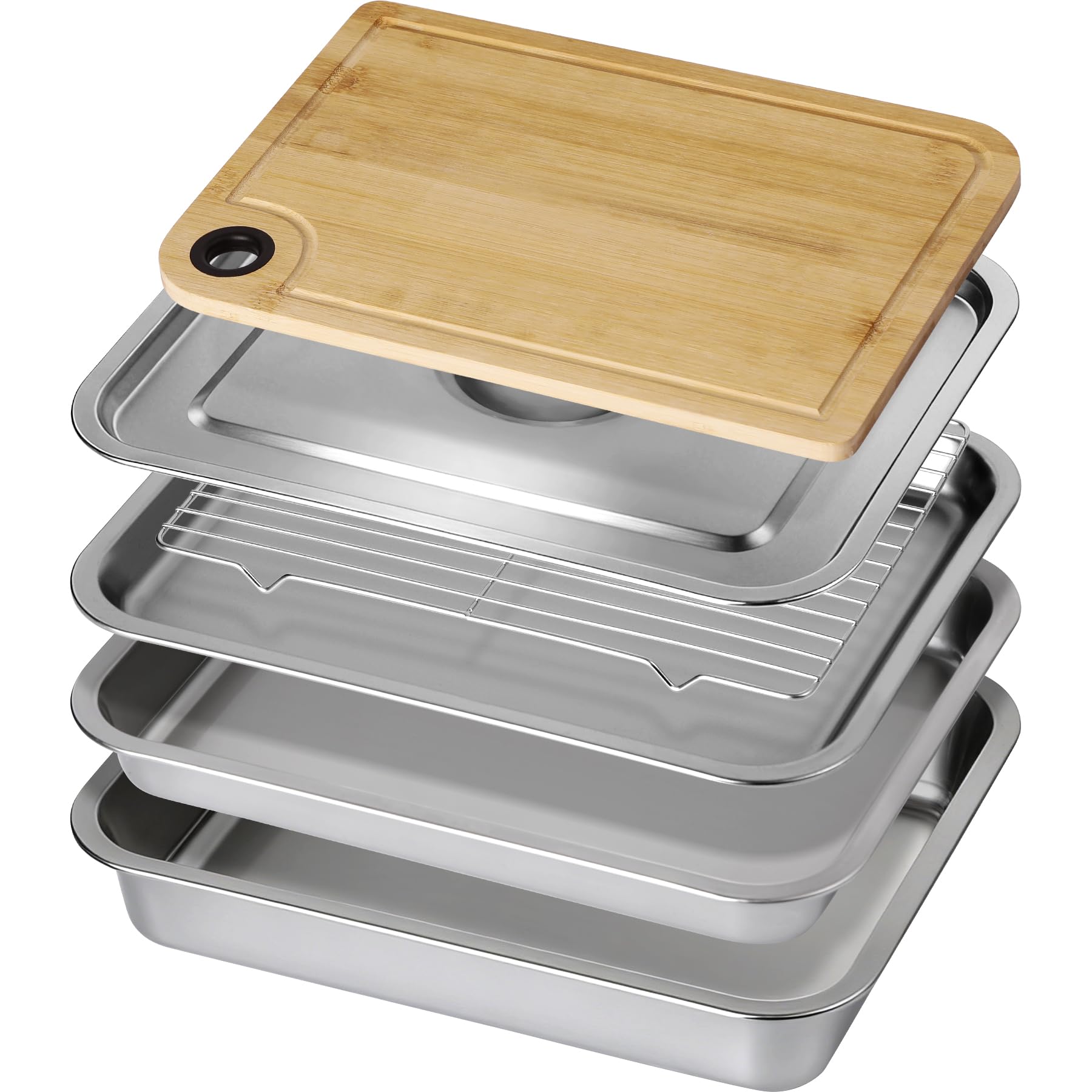 REDCAMP stainless steel grill prep set stacked stainless trays with bamboo cutting board