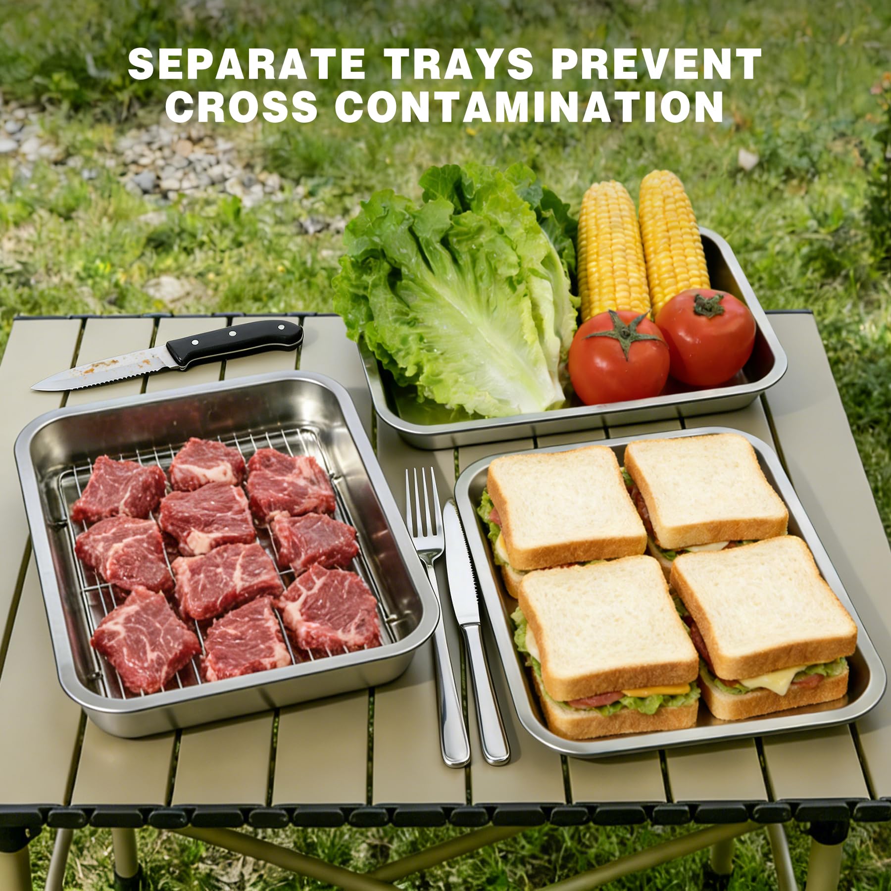 REDCAMP stainless steel grill prep set separate trays holding vegetables, meat and bread