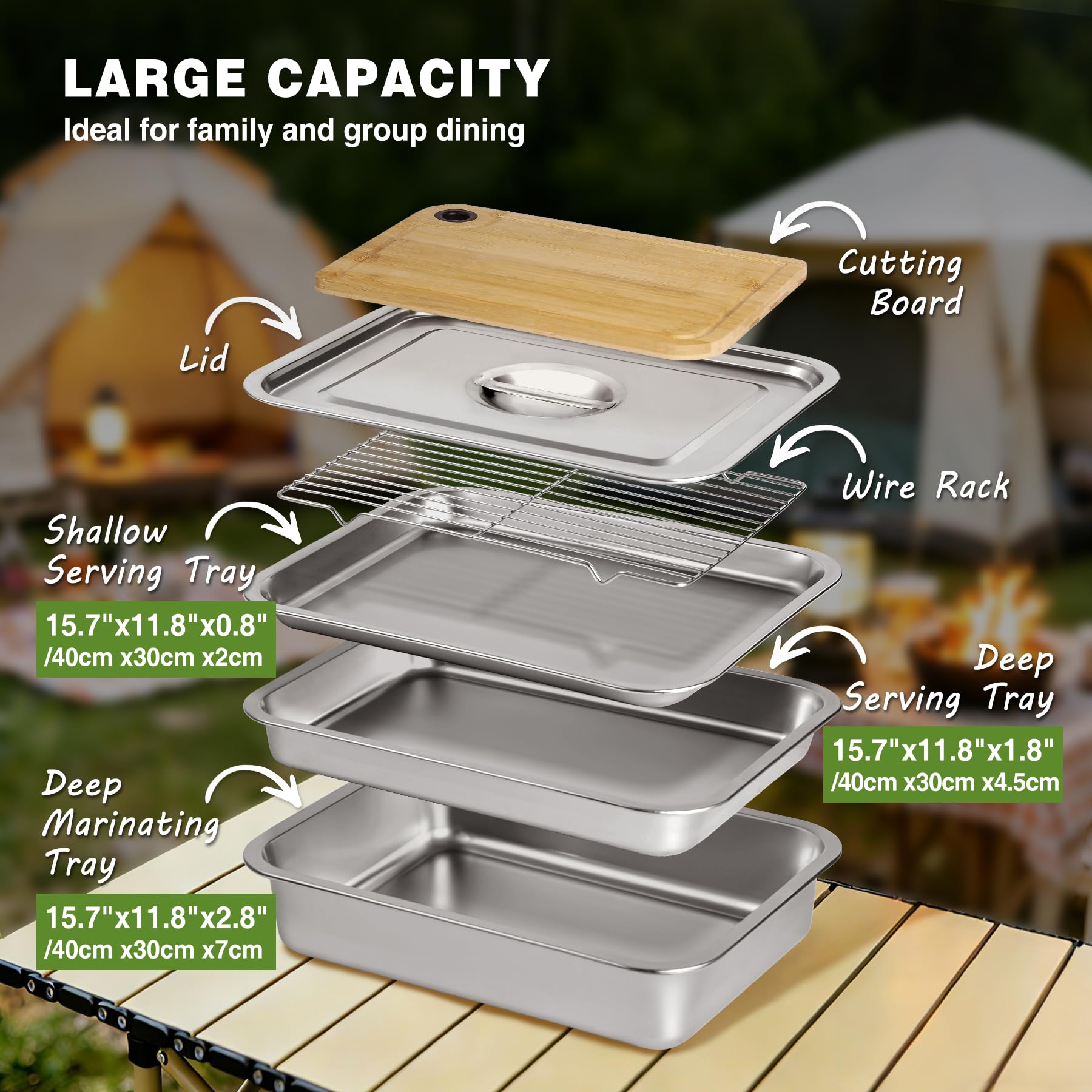 REDCAMP stainless steel grill prep set tray depth and capacity diagram