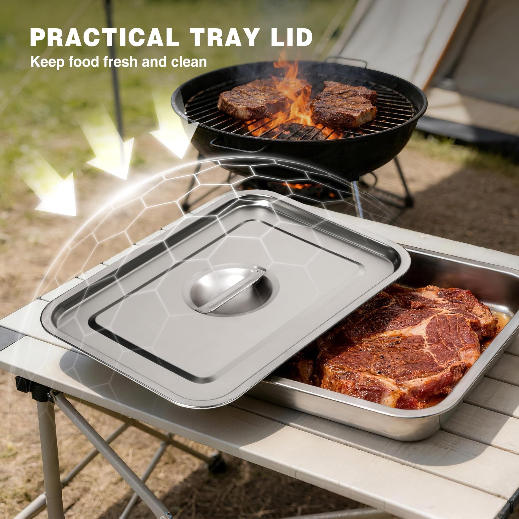 REDCAMP stainless steel grill prep set covered tray on an outdoor grill