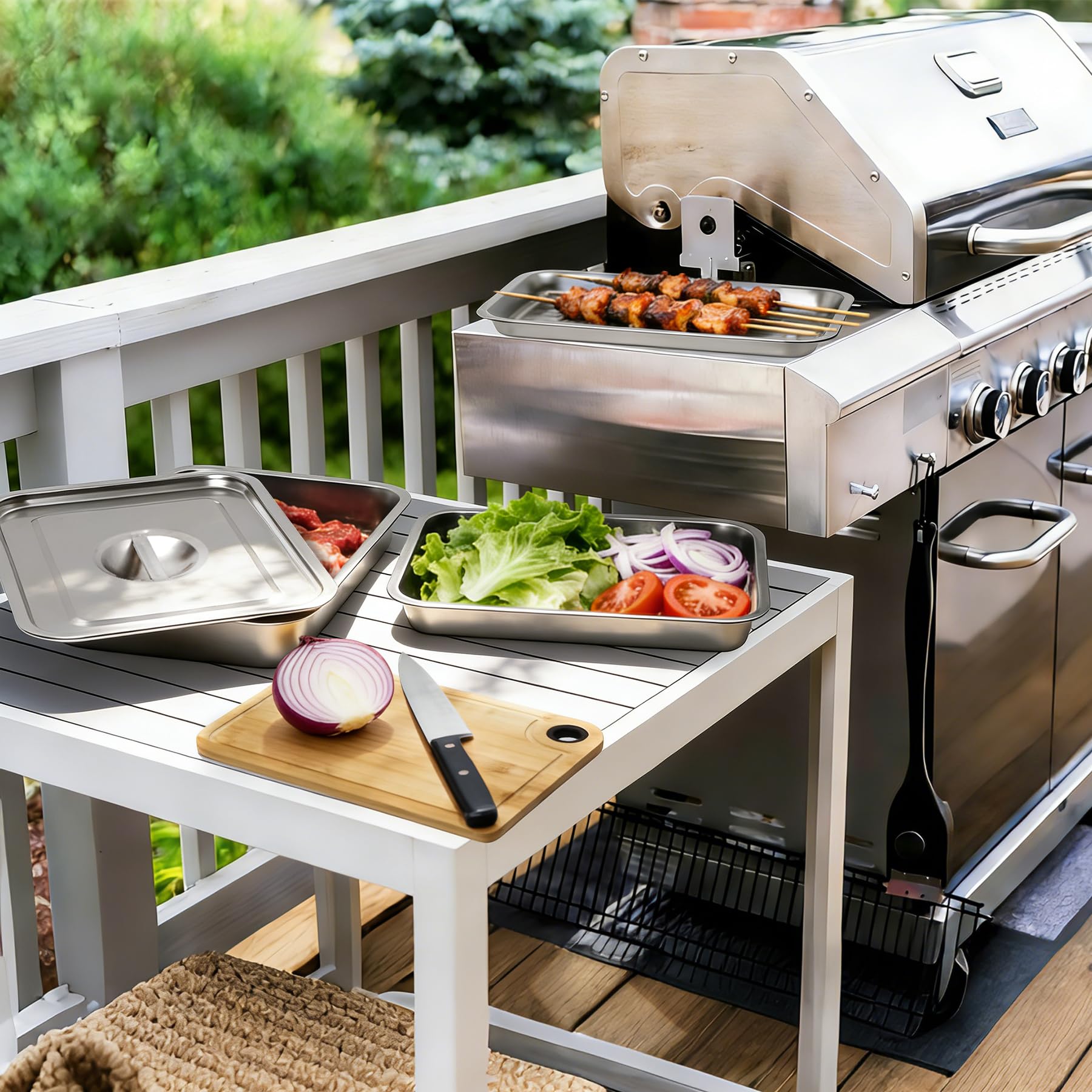 REDCAMP stainless steel grill prep set tray set beside an outdoor grill