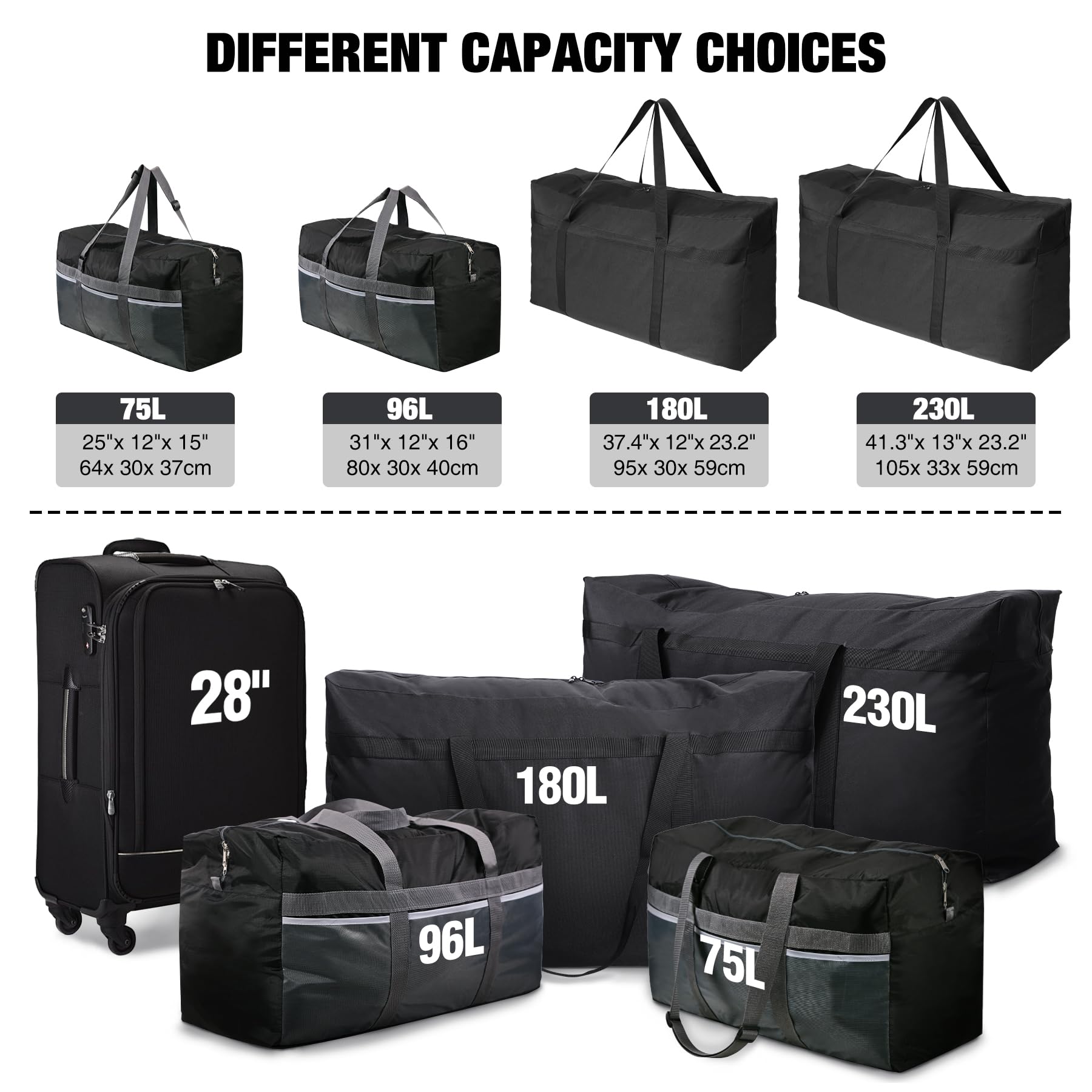REDCAMP large rolling duffle bag 180L option shown in the capacity comparison