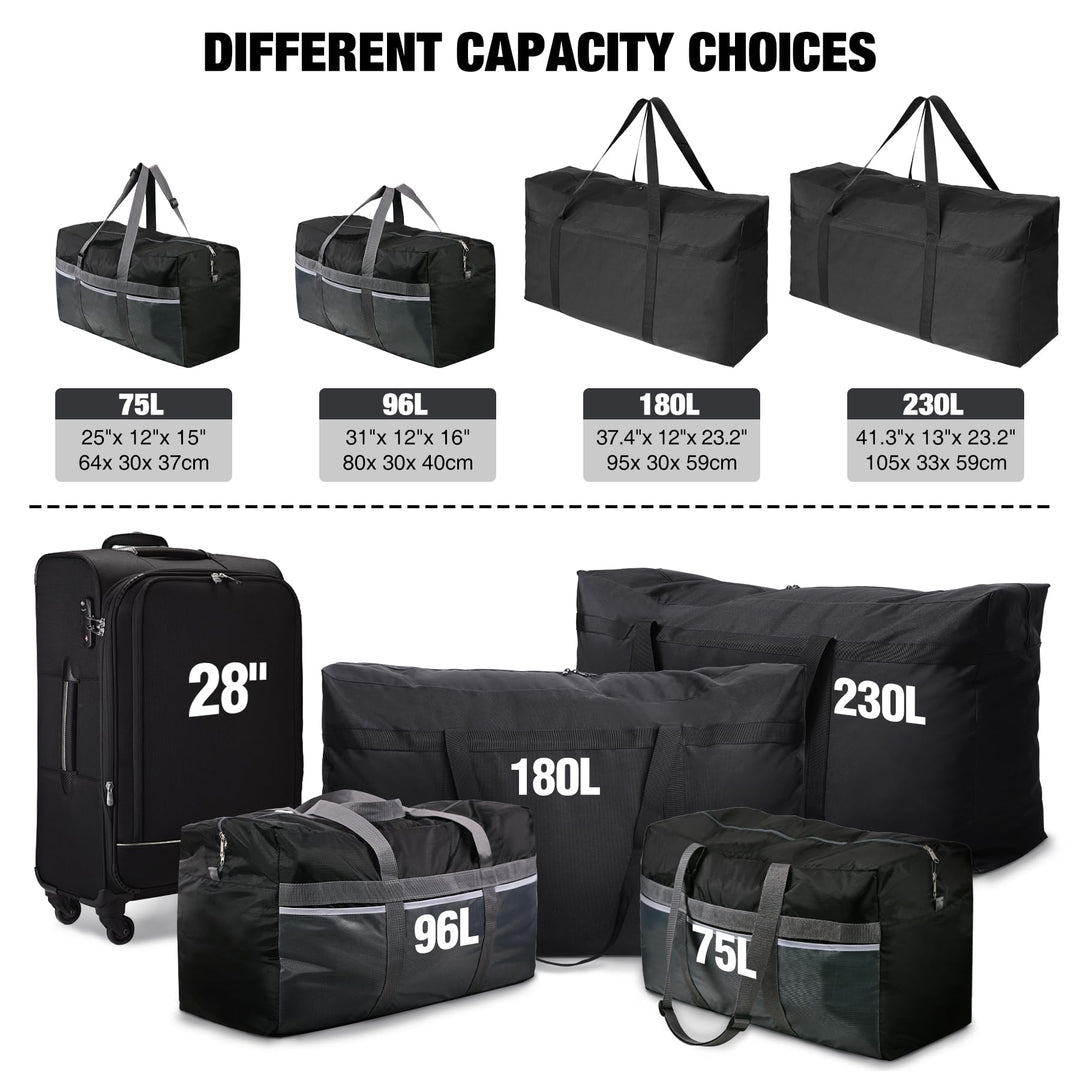 REDCAMP large rolling duffle bag 180L option shown in the capacity comparison