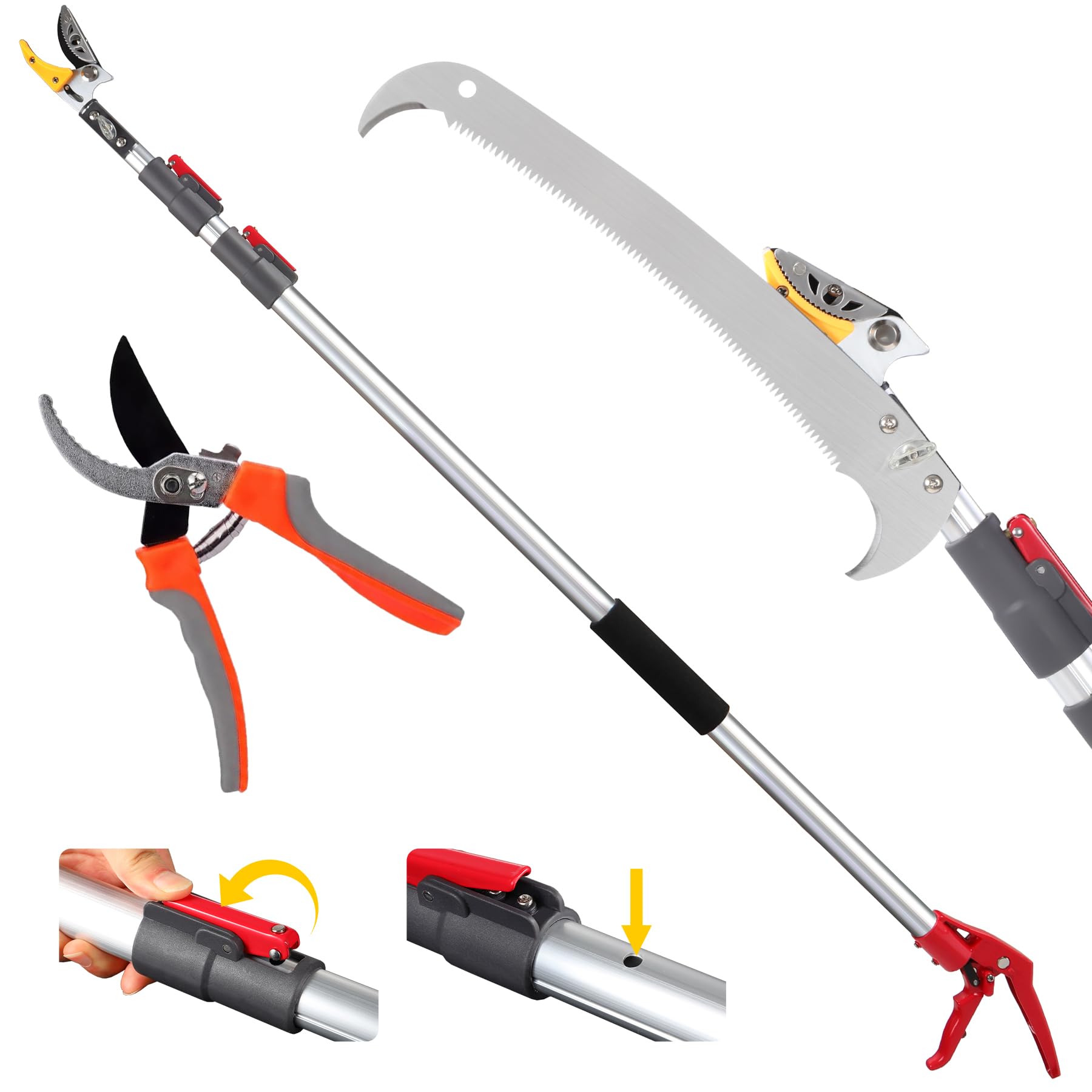 REDCAMP telescoping pole saw with pruning head, 13-inch saw blade, and hand pruning shears