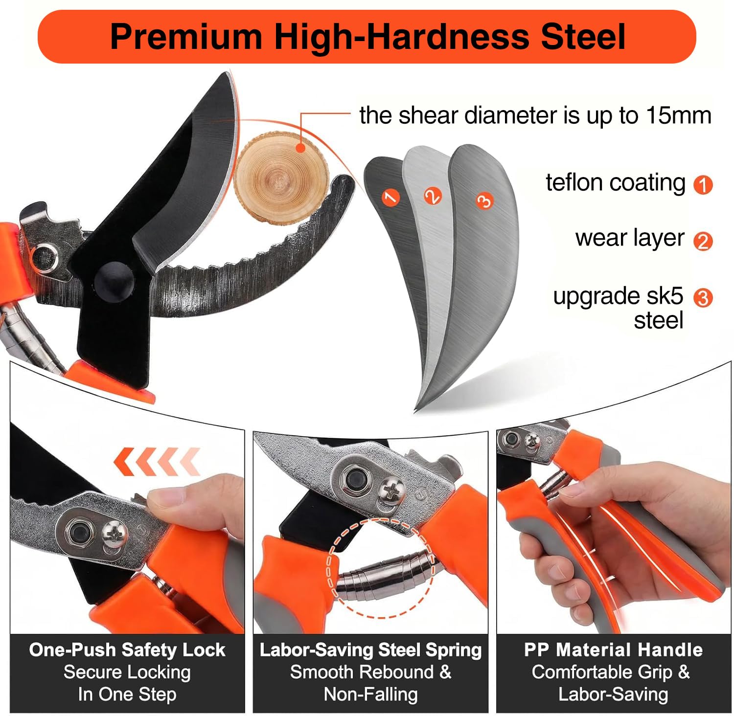 REDCAMP pole pruner cutting a tree branch with handle lock and release controls