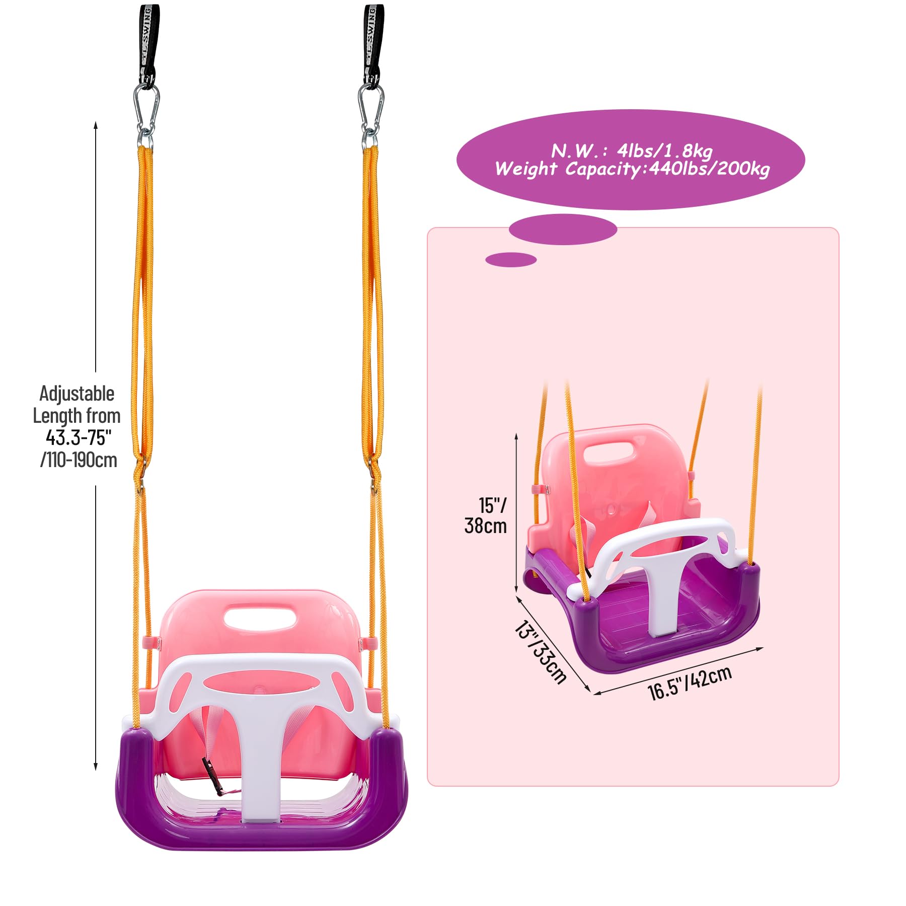REDCAMP 3-in-1 swing seat dimensions and adjustable rope length
