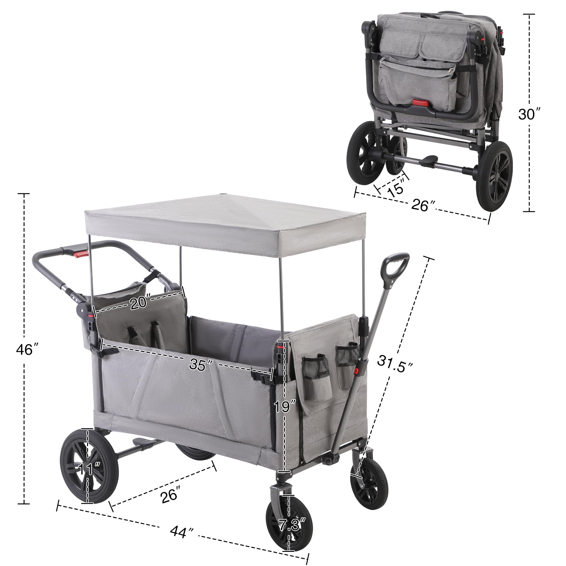 Stroller Wagon for 2 Kids ，Foldable Push Pull Wagon with Canopy