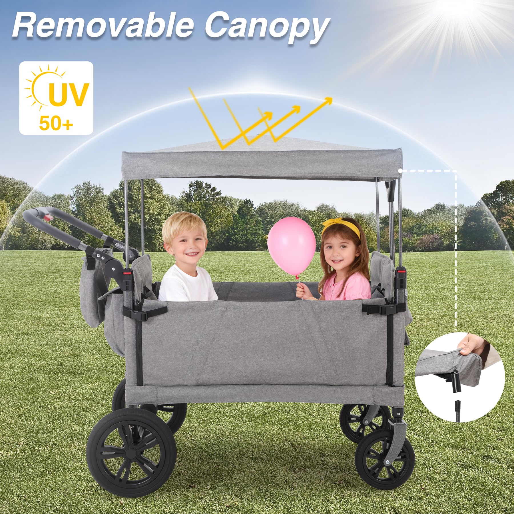 Stroller Wagon for 2 Kids ，Foldable Push Pull Wagon with Canopy