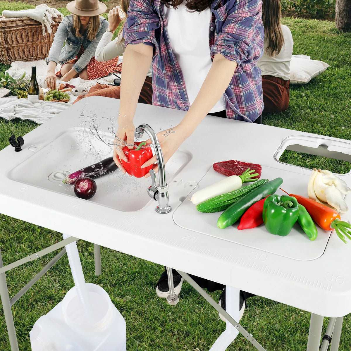 Avocahom Folding Fish Cleaning Table Portable Camping Sink Table with  Faucet Drainage Hose & Sprayer Outdoor Fish Fillet Cleaning Station with  Grid