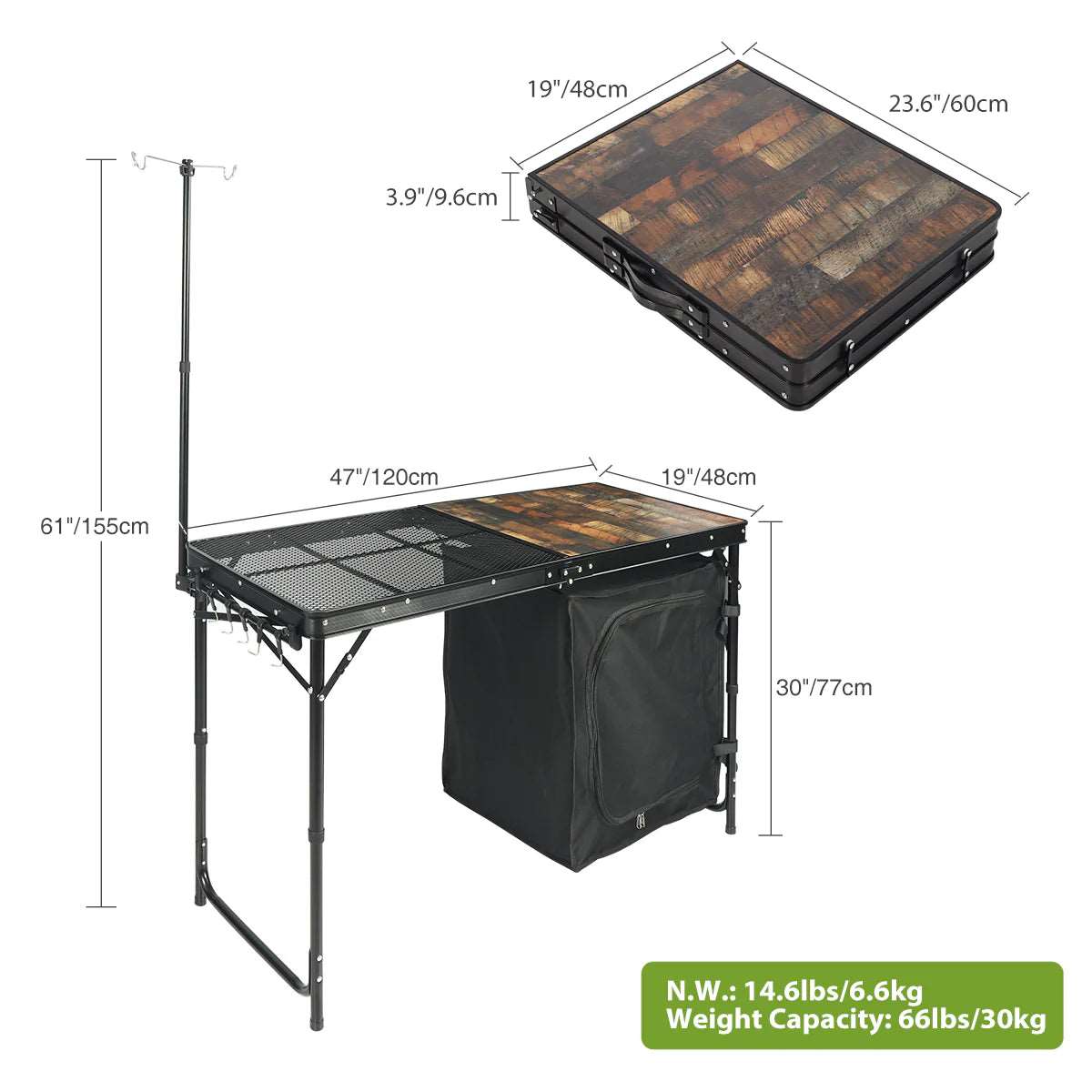 Portable Camping Kitchen Table with Storage Organizer and Hooks