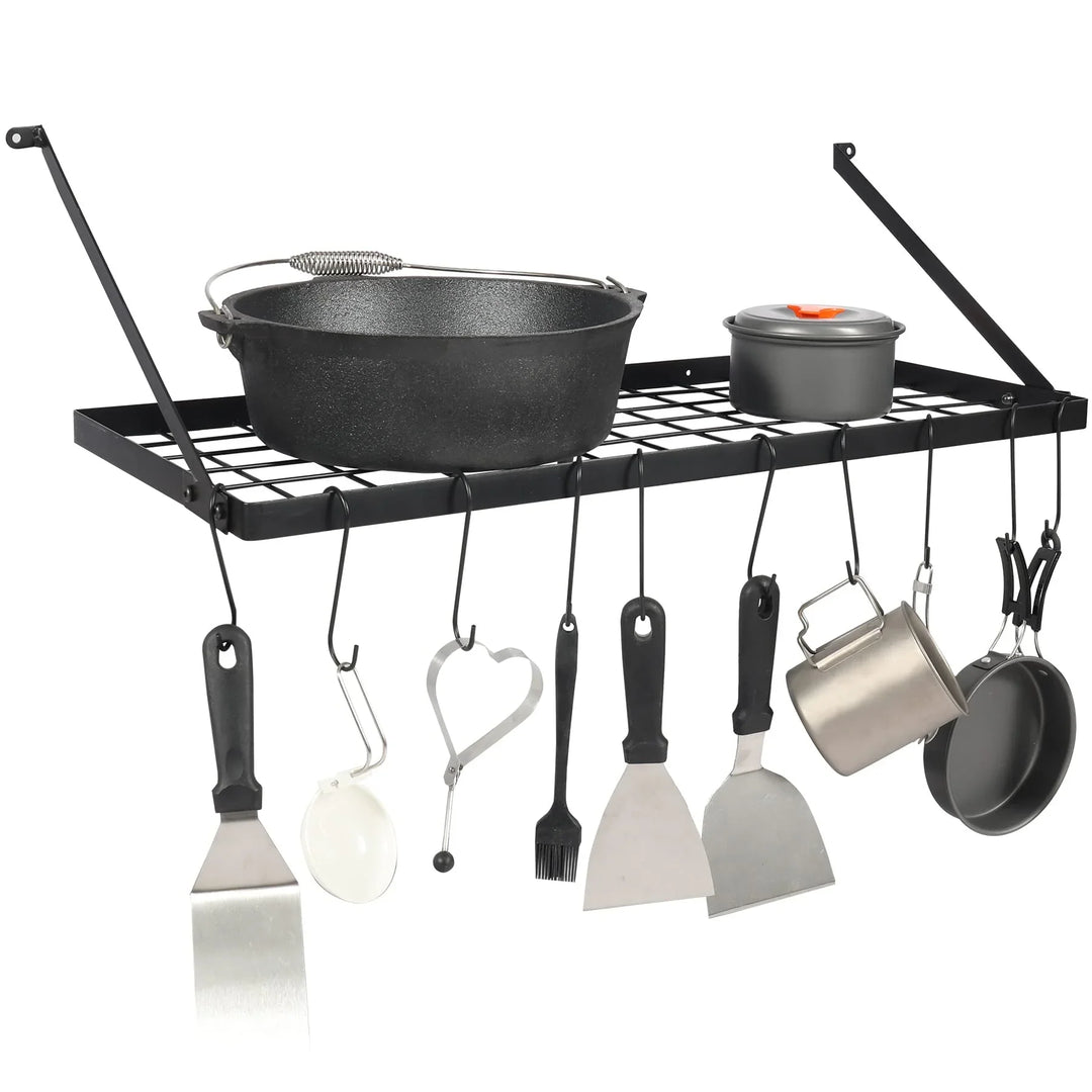 29” Wall Mounted Pot Rack Storage Shelf with 10 Hooks,Kitchen Pots and Pans Hanging Rack Holder for Utensils Cookware Household,Black