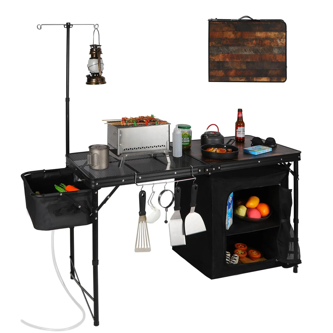 Mesa de cocina portátil para acampar con organizador de almacenamiento para exteriores