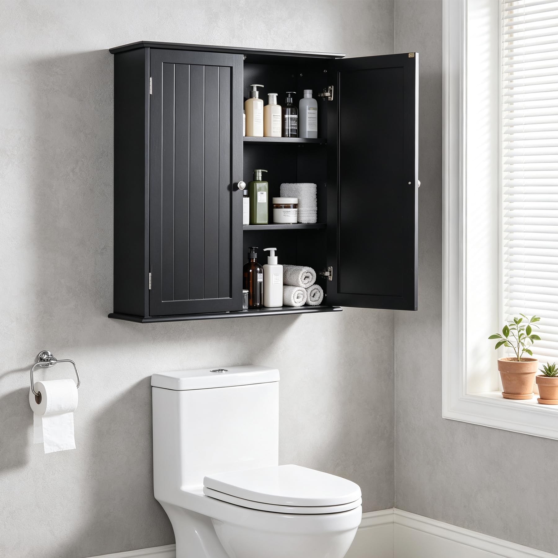 Black REDCAMP bathroom wall cabinet with open doors above a toilet and organized toiletries