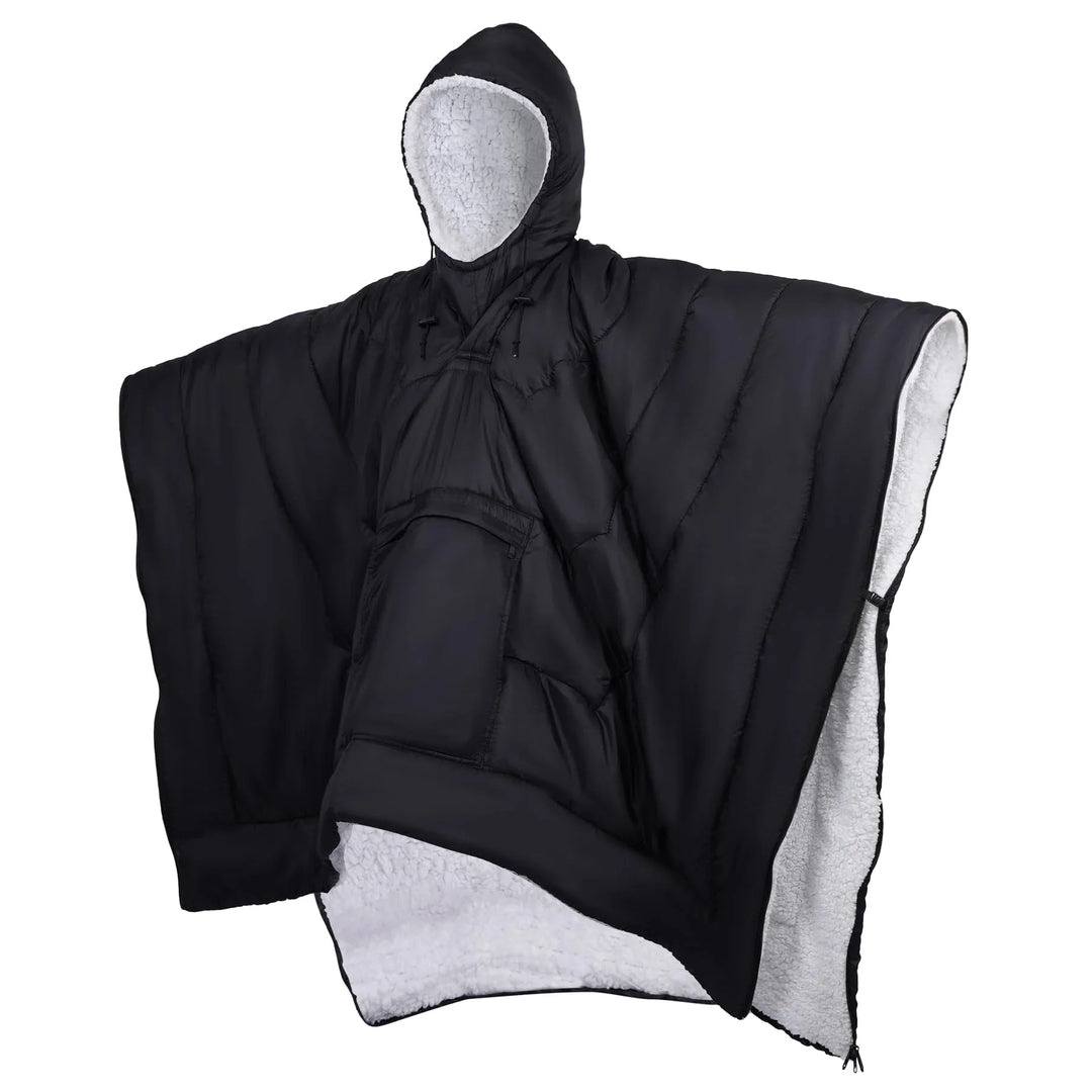 Wearable Camping Poncho Blanket, 4-in-1 Waterproof Windproof Thermal Blanket with Kangaroo Pocket & Carry Bag, Lightweight Portable Insulated Poncho for Outdoor Hiking Stadium,（Black）