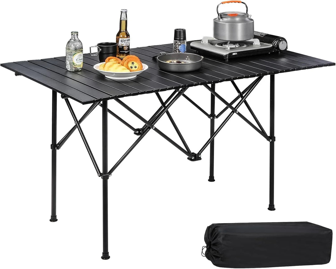 Roll Up Camping Tables That Fold Up, Lightweight Portable Compact Metal Camp Table for Grill Outdoor Picnic, Black Long 47x28