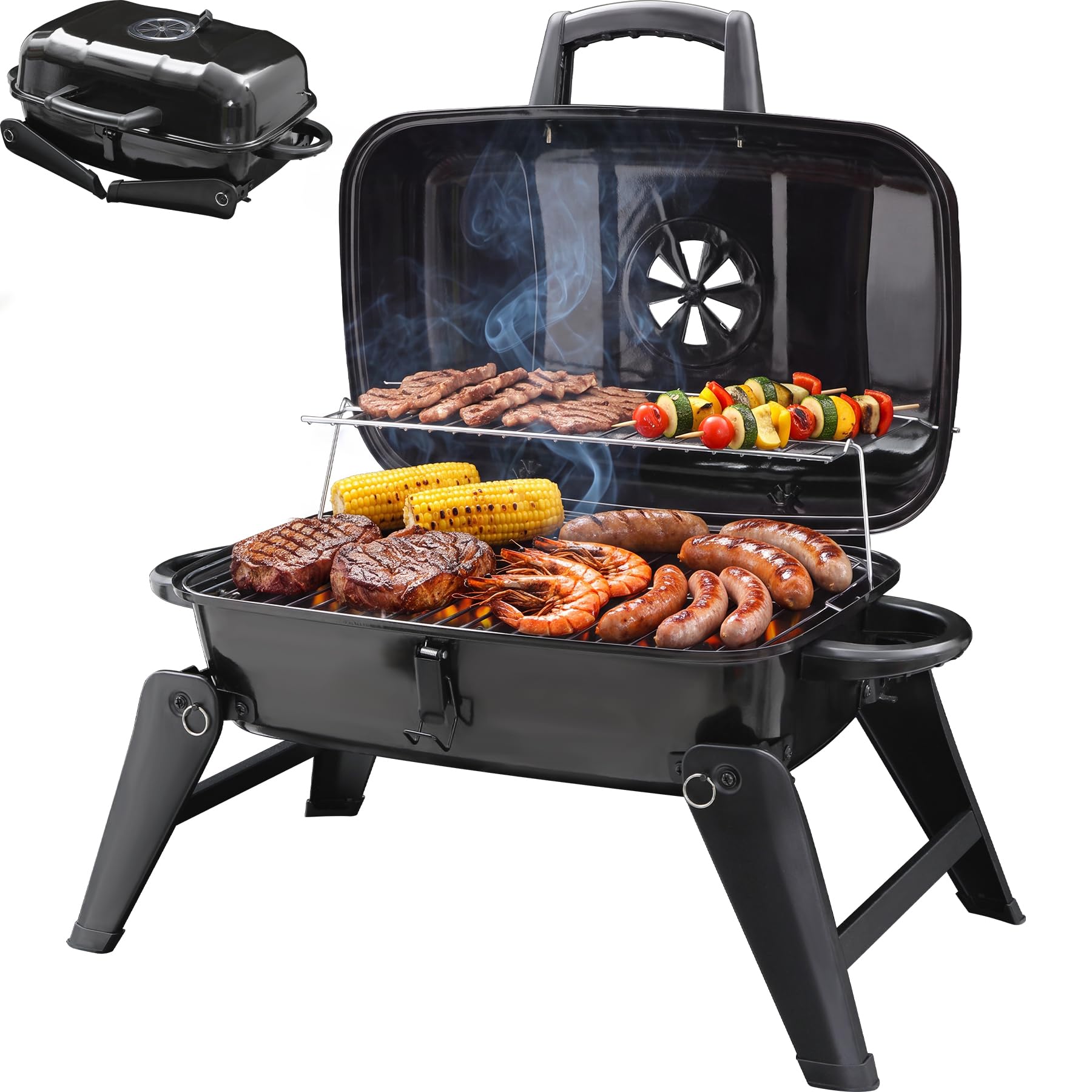 REDCAMP portable charcoal grill with dual cooking racks and folding legs