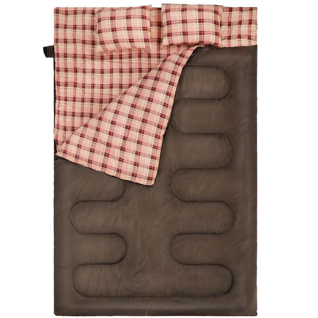 REDCAMP Double Sleeping Bag for Adults with Pillows , XXL Queen Size Two Person Flannel Sleeping Bag for All Season Couples Family Camping Hiking Backpacking