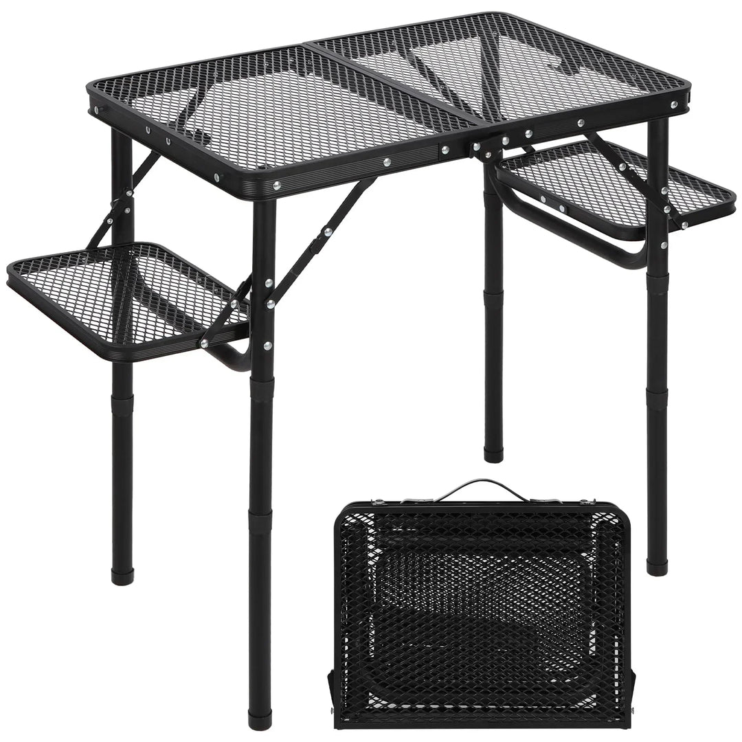 Folding Grill Table with Extra Space, Adjustable Height Portable Small Stand Table for Outdoor Indoor Camping Picnic BBQ, Black with Side Table