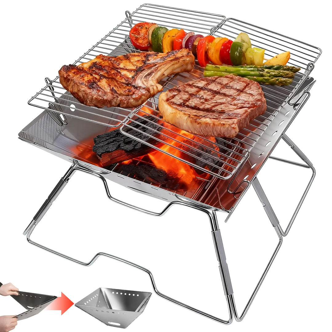 Foldable Fire Pit with Grill for Camping Collapsible Portable Fire Pit with Campfire Grill & Tote Bag for Backyard, Patio, Picnic, BBQ