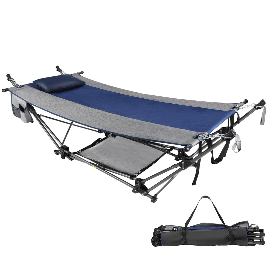 Camping Hammock with Stand, XXL Portable Hammock with Removable Pillow and Storage Net, Foldable Heavy Duty Steel Frame Space Saving for Indoor Outdoor Backyard Beach Garden