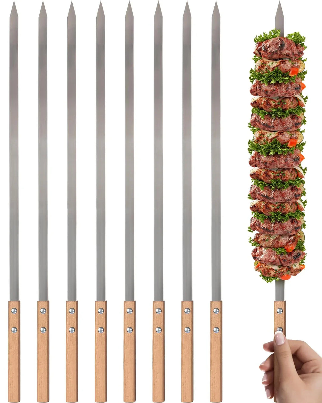 8PCS Kabob Skewers for Grilling, 23" Long 5/8 Wide Flat Metal Skewers for Kabobs, Reusable BBQ Stainless Steel Sticks with Wooden Handle for Outdoor Camping Picnic Cooking, Silver