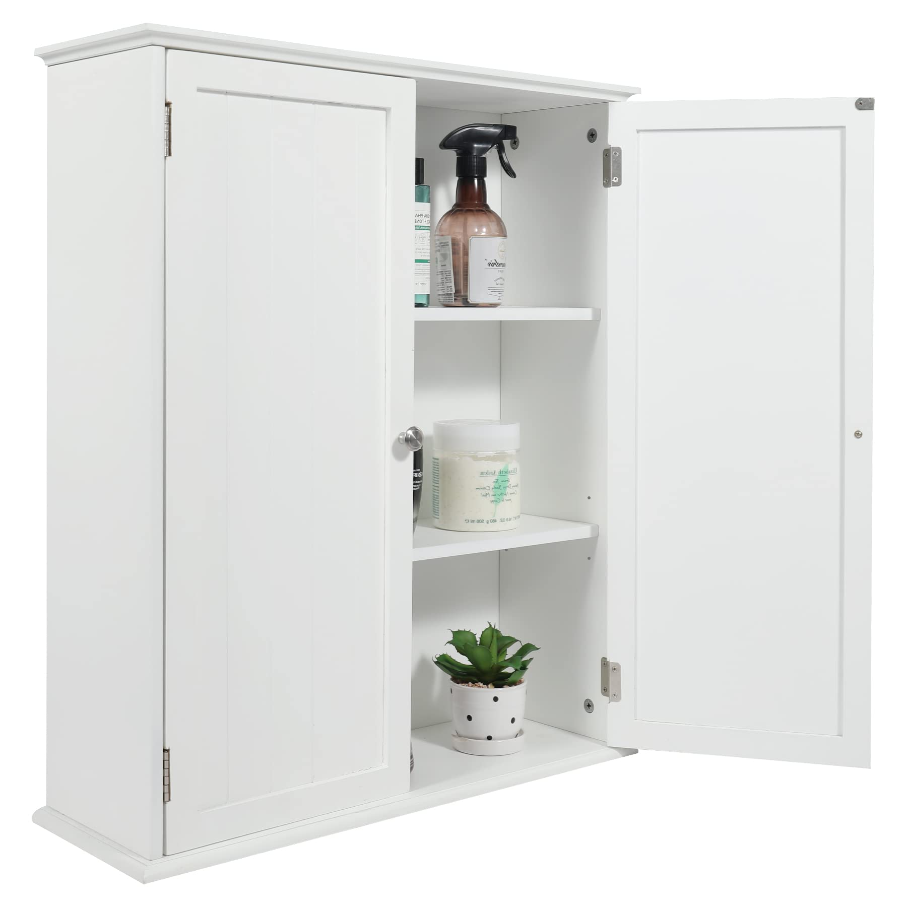 White REDCAMP wall-mounted storage cabinet with open double doors and adjustable shelves