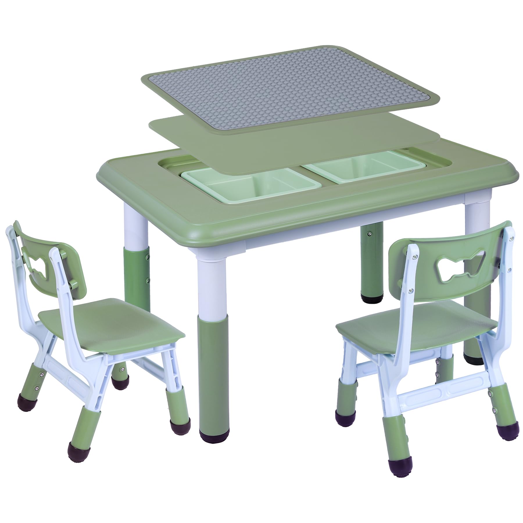 Kids Table and 2 Chairs Set, Height Adjustable 3 in 1 Multi Activity Table with 2 Chairs, Storage Bins,Graffiti,Double-Sided Tabletop,Sky Blue