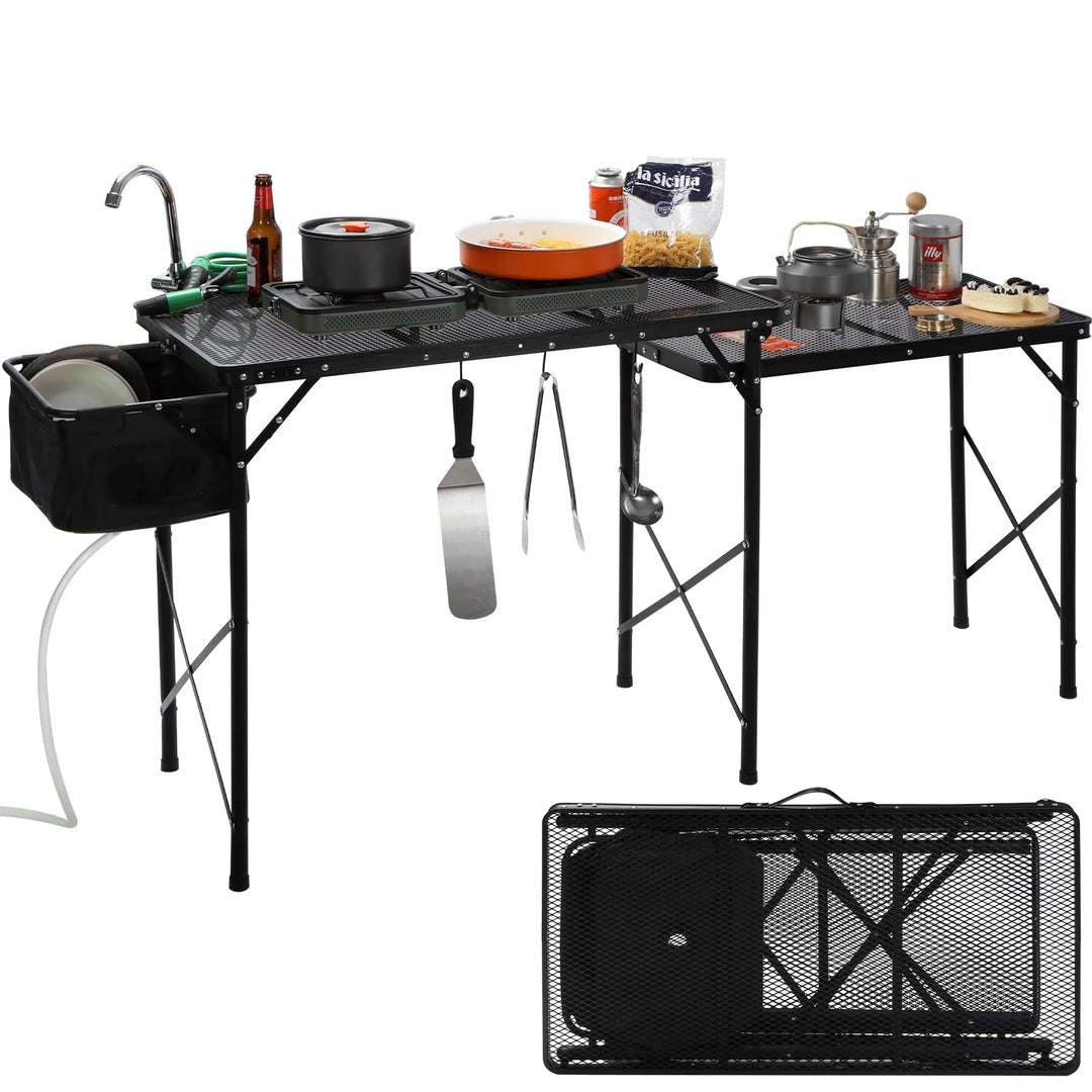 Mesa de cocina portátil para acampar con organizador de almacenamiento para exteriores
