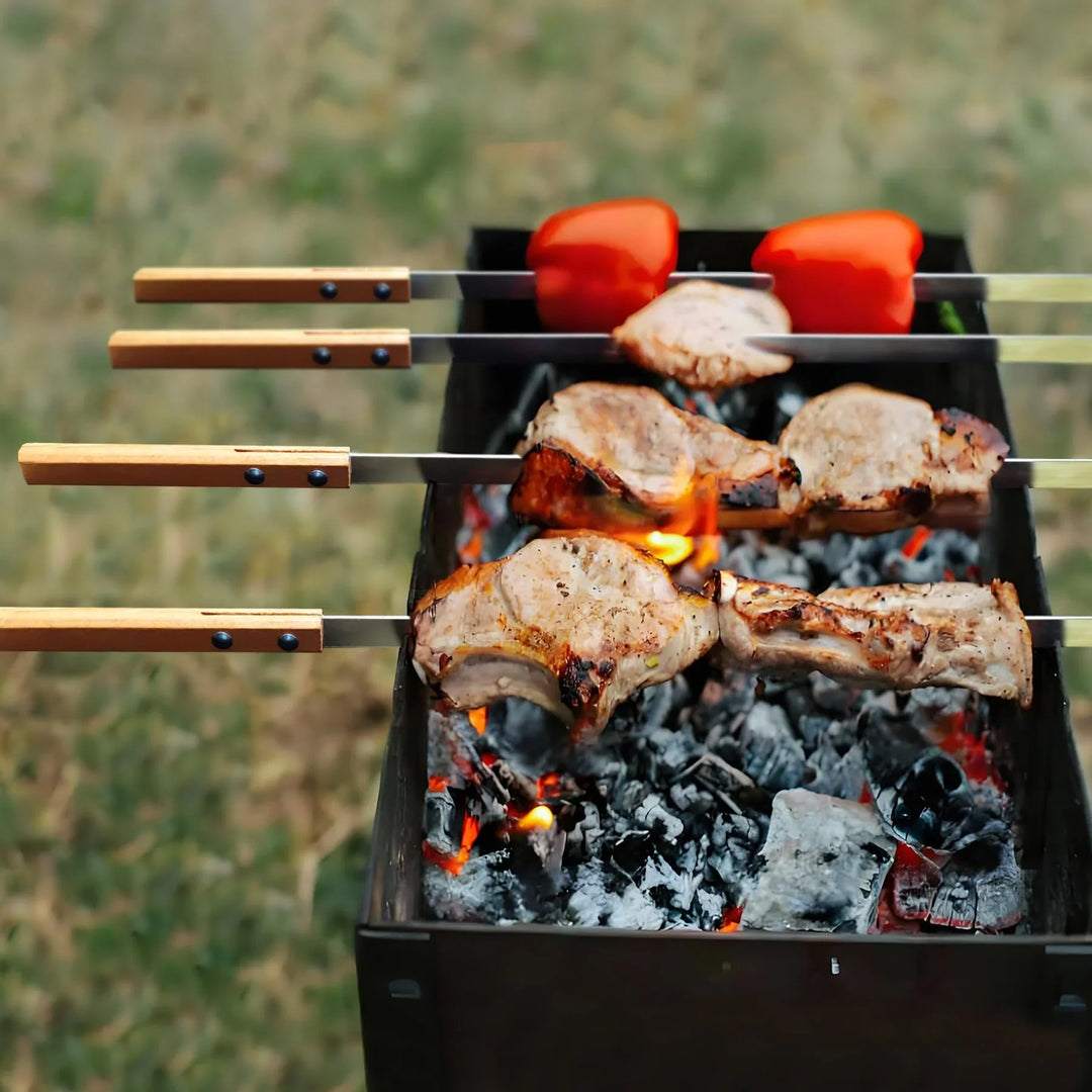 8PCS Kabob Skewers for Grilling, 23" Long 5/8 Wide Flat Metal Skewers for Kabobs, Reusable BBQ Stainless Steel Sticks with Wooden Handle for Outdoor Camping Picnic Cooking, Silver