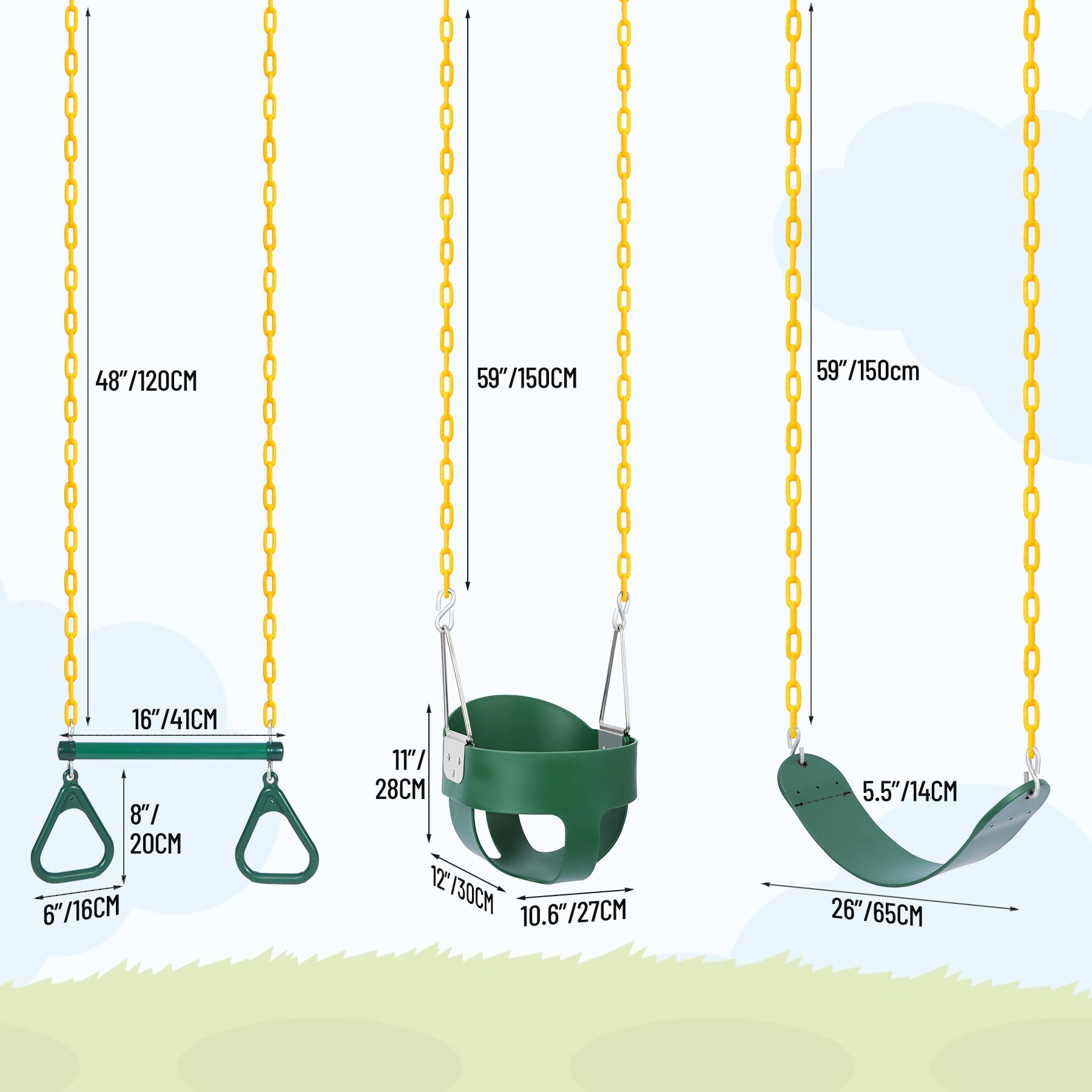 3-in-1 Backyard Swing Set Combo with Belt, Bucket, and Trapeze