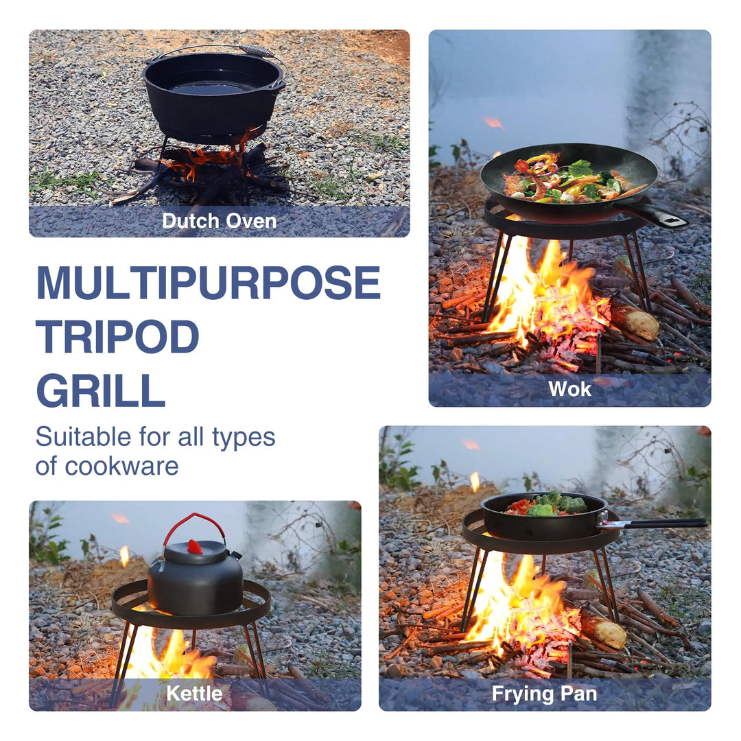 Folding Campfire Tripod for Cooking, Portable Camping Tripod Stand for Solo Stove Bonfire Fire Pit, Dutch Oven, Open Fire, Iron Black